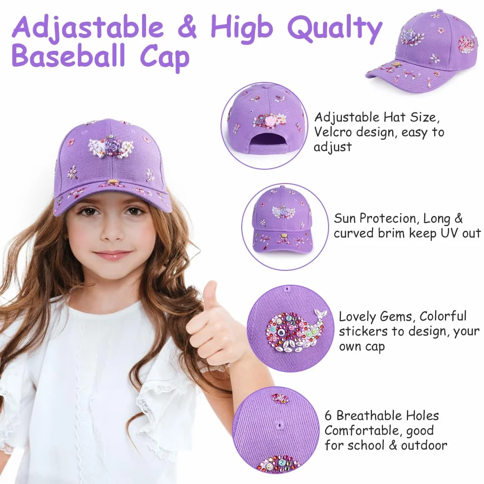 Aomig Cappello Baseball Bambino, Berretto Bambino con Visiera Regolabile, Cappellino da Baseball con Adesivi Strass Estivo Cappello con Visiera Bambini per Protezione UV, Tinta Unita(Viola)
