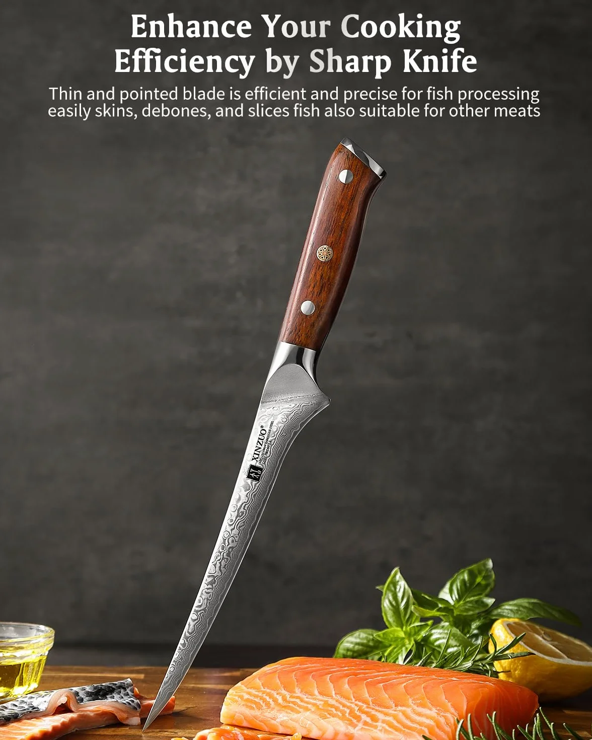 XINZUO Coltello per Sfilettare da Cucina 18cm Acciaio Damasco 67 Strati Manico in Legno di Rosa