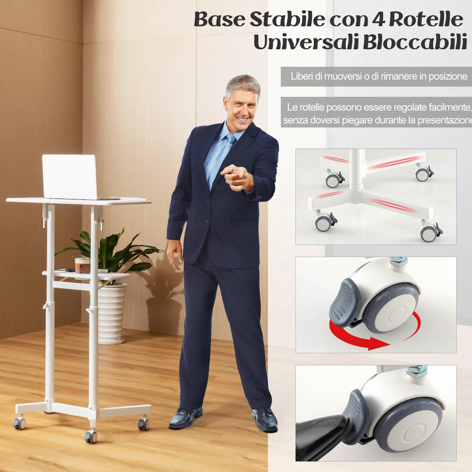 COSTWAY Podio per Conferenze, Pulpito Portatile per Laptop con Piano Inclinabile e Regolabile in Altezza, Vassoio Portaoggetti, Portabicchieri e Ruote Bloccabili (Bianco)