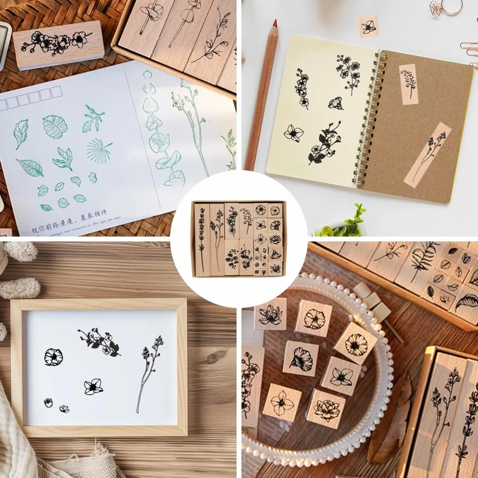 22 Pezzi Timbri in Legno per Scrapbooking - Fiori e Foglie in Gomma - per Disegni, Lettere, Cartoline, Album
