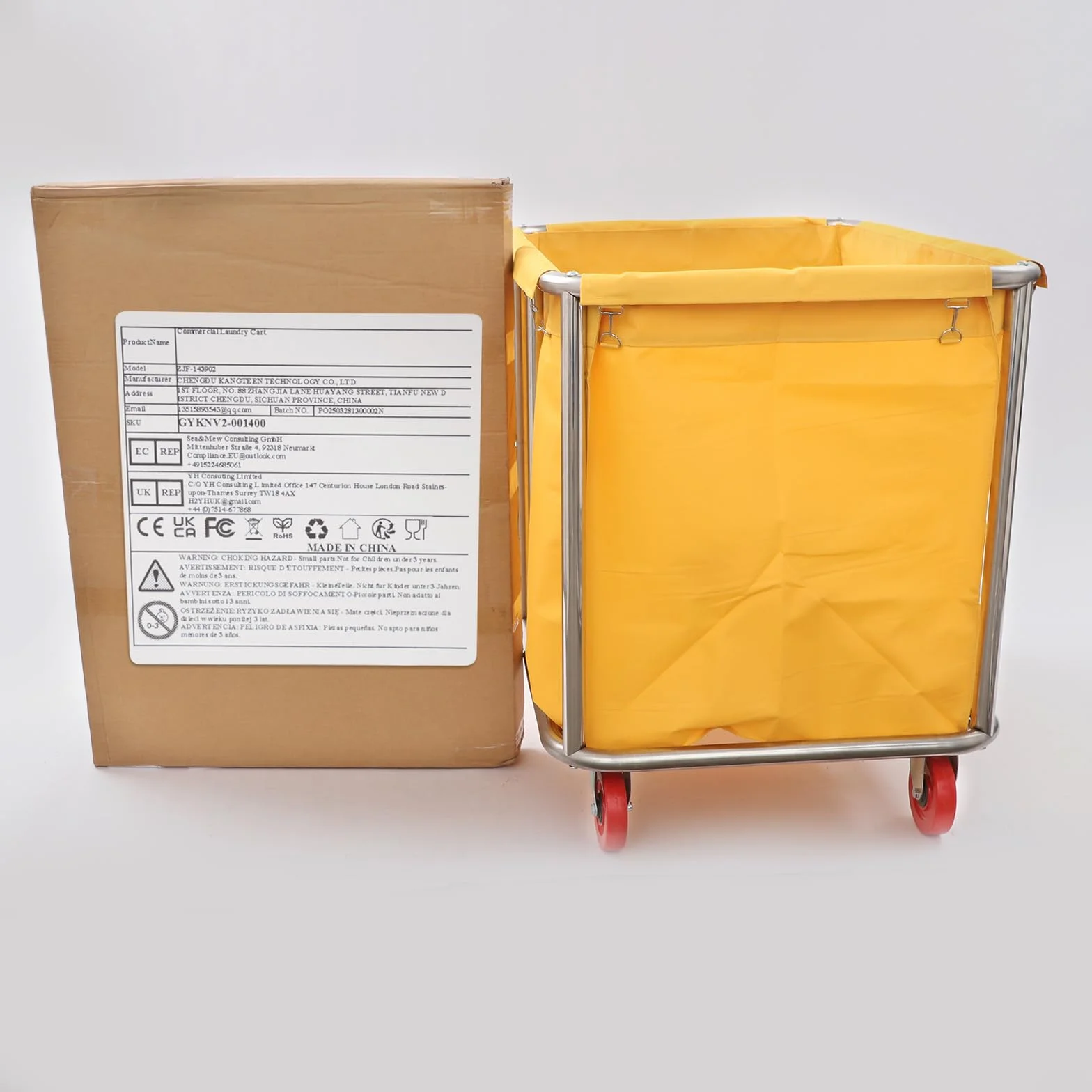 Carrello per la biancheria, 90 x 65 x 80 cm, in acciaio inox, con ruote, portata fino a 200 kg, per hotel, ospedali, lavanderia (giallo)