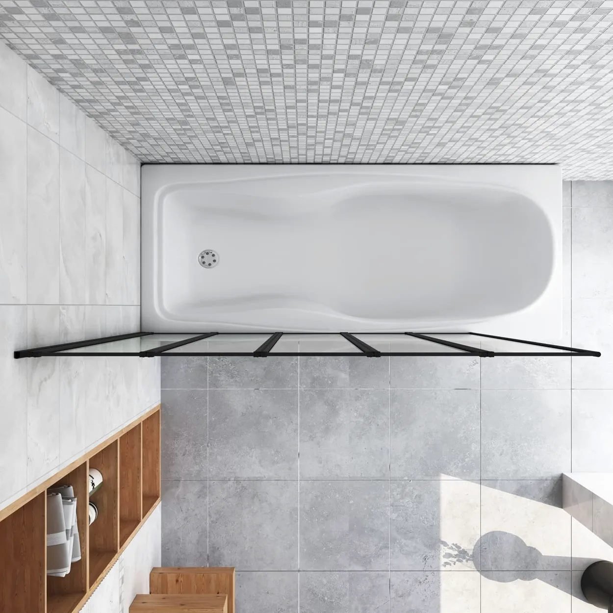 140 cm Sopravasca 5 Ante Pieghevoli a Libro Vetro 4 mm Temperato Trasparente Telaio Nero Opaco 120 cm