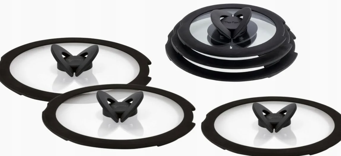 Tefal Ingenio - Set di 6 coperchi in vetro, diametro 16/18/20/22/24/28 cm, con manico pieghevole e apertura del vapore, in vetro/silicone