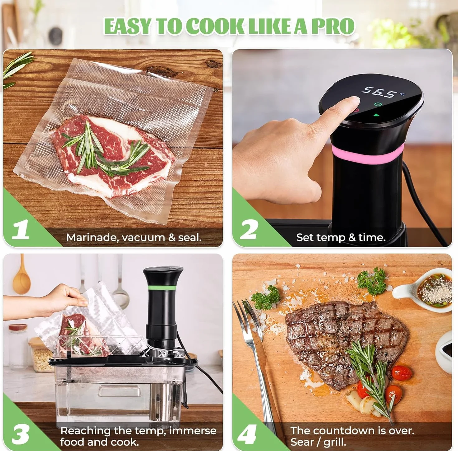 Sous Vide Garer Stick in acciaio inox 1000 W z wyświetlaczem LED, regulacją temperatury i timerem, szary