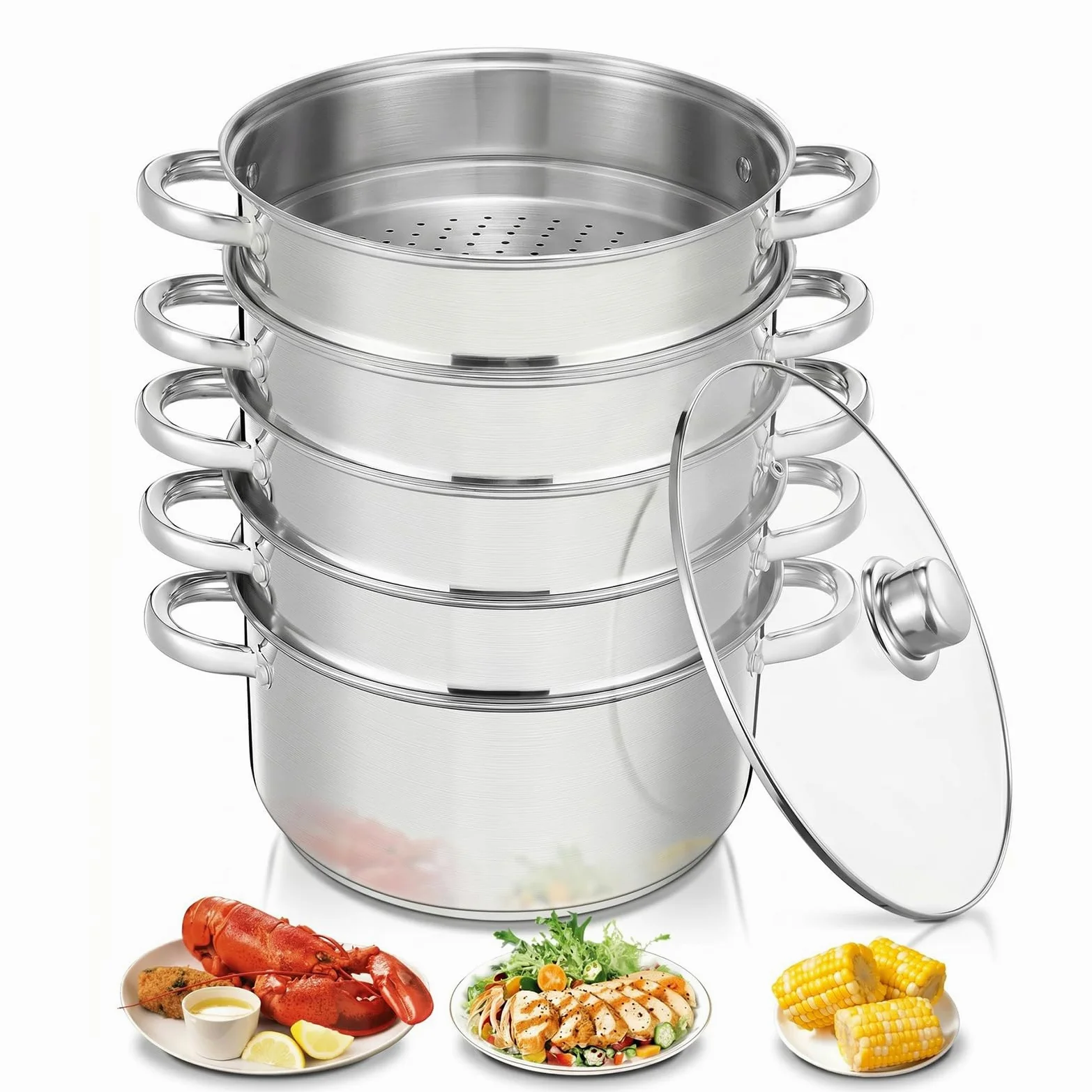 Pentola a Vapore in Acciaio Inox, Cuocivapore, Pentola (5 in 1), Diametro 26 cm, con Coperchio in Vetro, Cuocivapore per Tutti i Tipi di Fornelli, Anche a Induzione, Argento