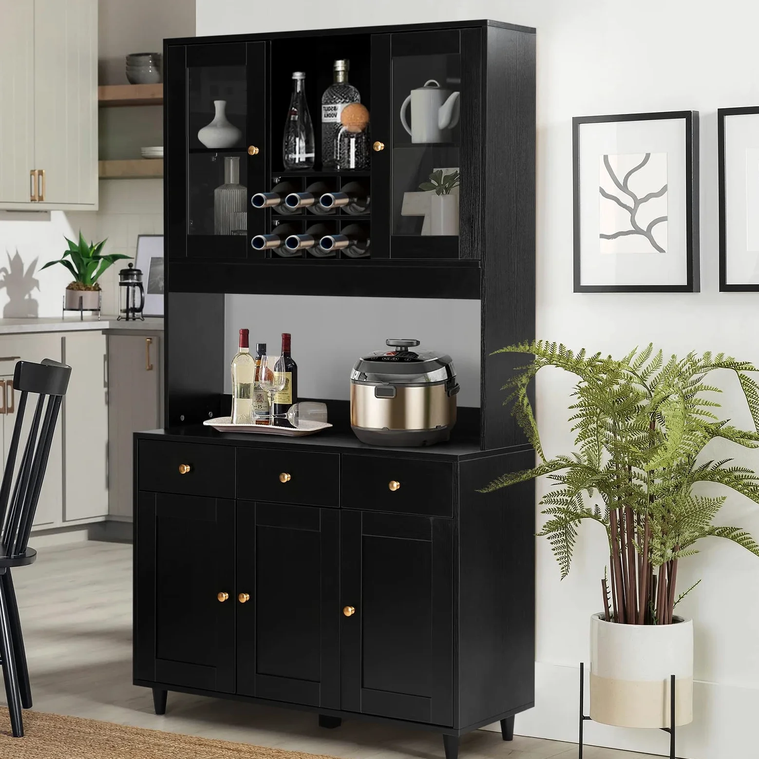 VOWNER Credenza Cucina, Mobile Buffet con 5 Armadietti, Mobile da Cucina Dispensa, Armadio Dispensa, 5 Ripiani Regolabili, per Cucina, Soggiorno, 100L x 38W x 181H cm, Nero