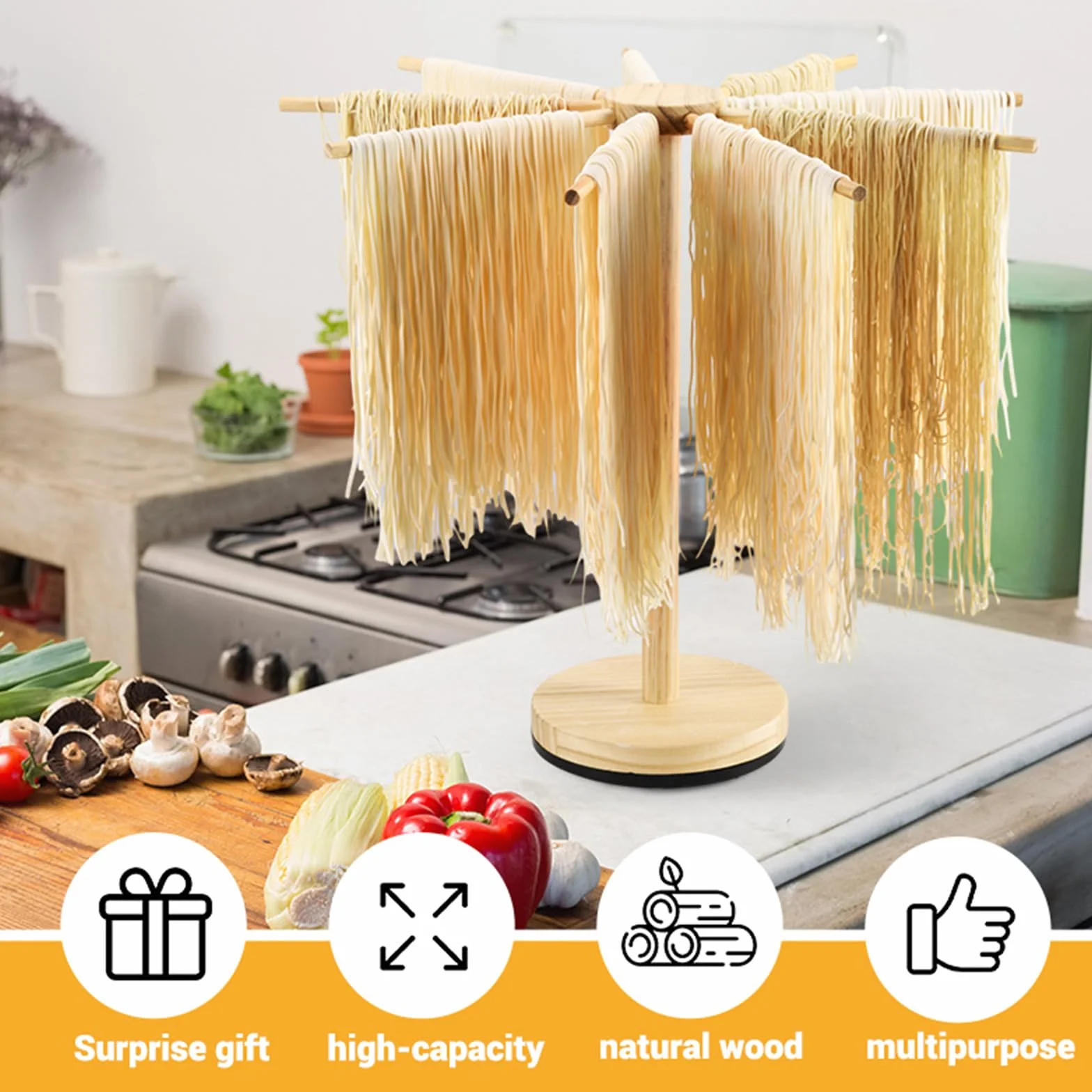 Asciugapasta in Legno con 9 Bracci Rimovibili e Base Girevole, Porta Fino a 4.5kg, Ideale per Pasta Fresca Italiana e Cinese