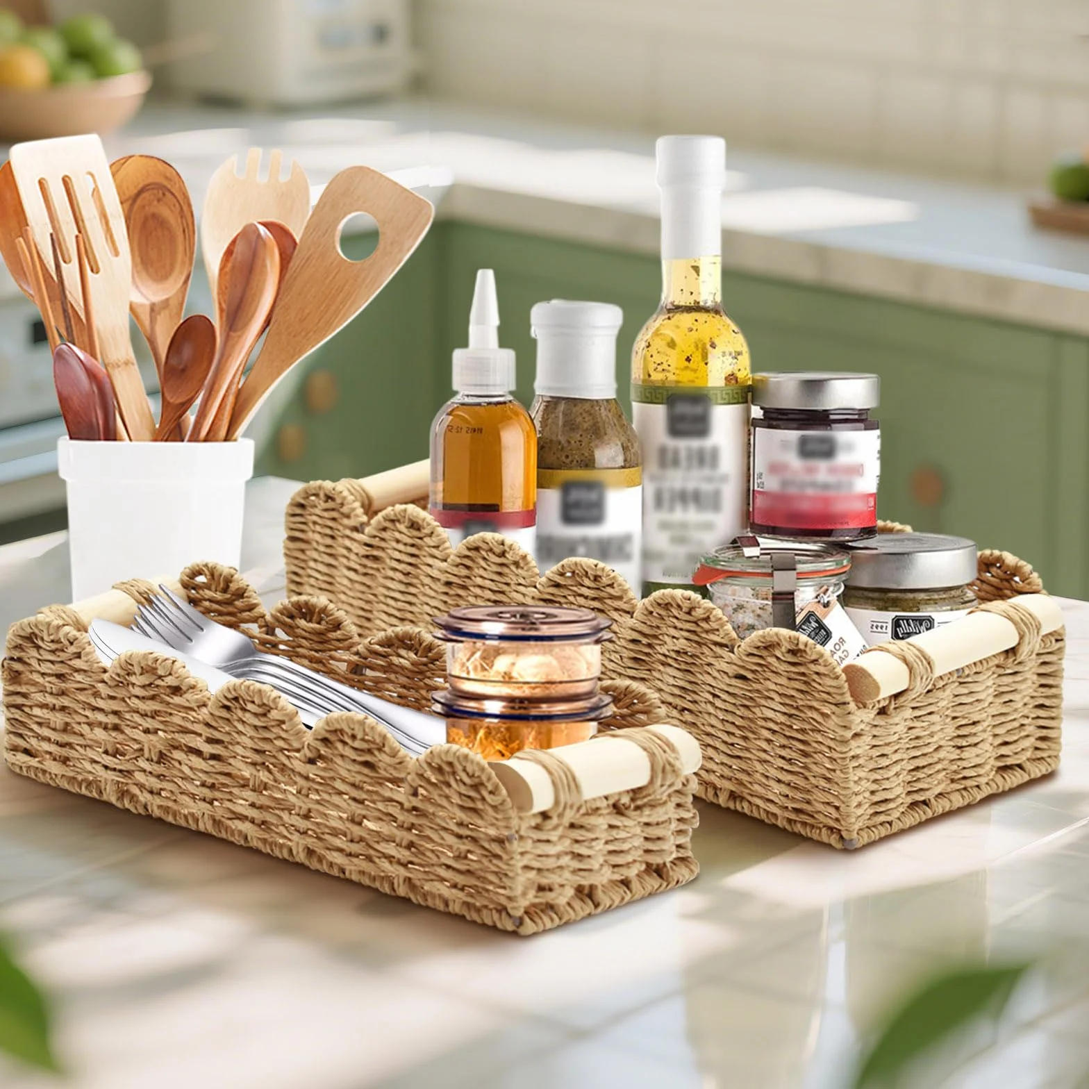 Cestini Portaoggetti in Vimini con Manici in Legno, Cesto Porta Carta Igienica Intrecciata, Organizer per Cucina Bagno Ufficio