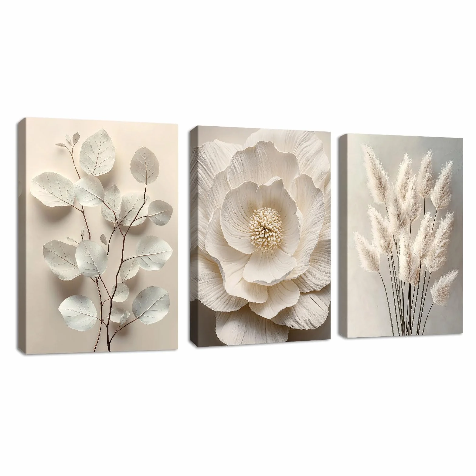 Neutro Beige Floreale Pianta Stampa su Tela Con Cornice Boho 3D Texturizzato Fiore Botanico Quadri Moderni Decorazione Murale 30x40cmx3