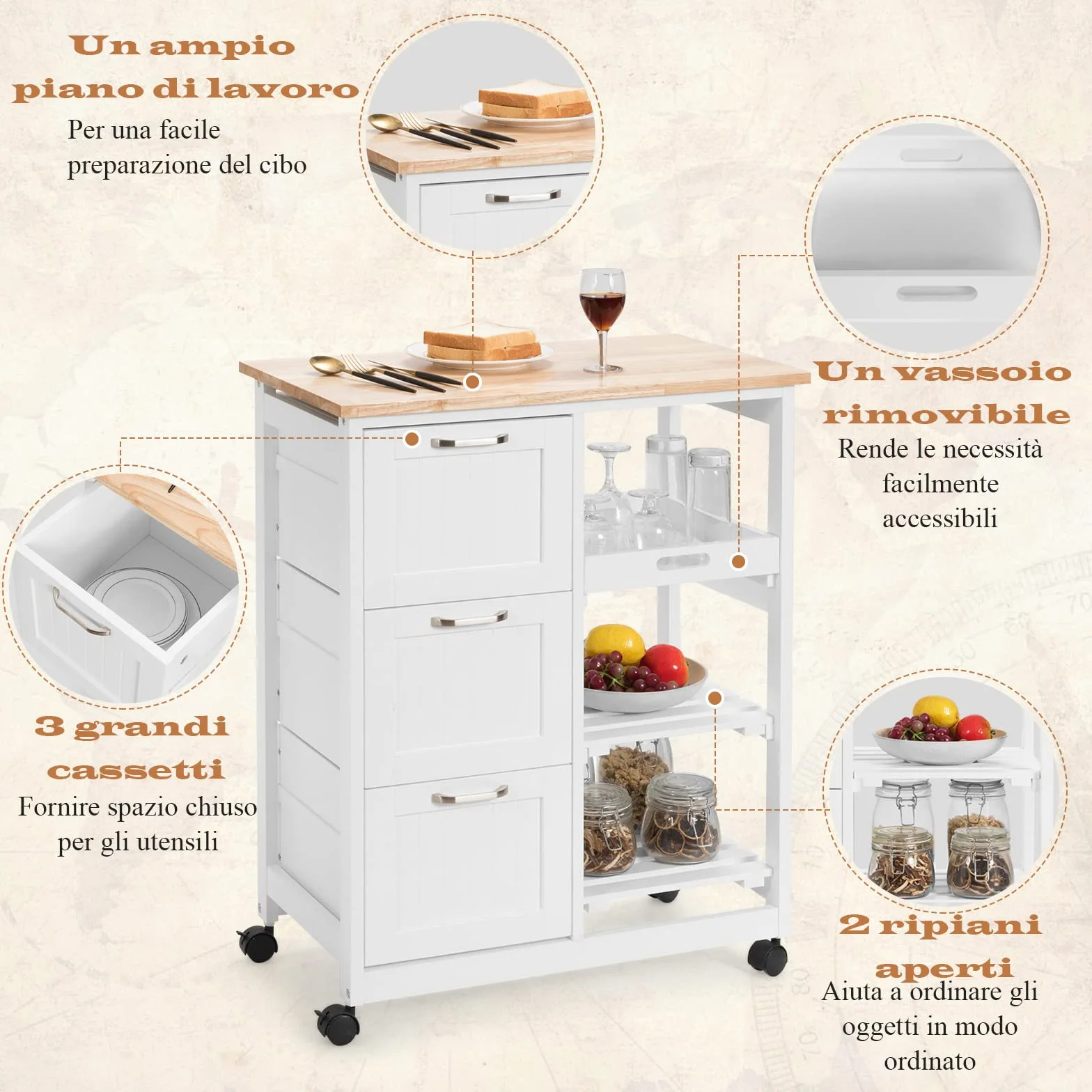 RELAX4LIFE Carrello da Cucina con Ruote Girevoli, Credenza Portaoggetti in Legno Robusto con 3 Cassetti e 3 Ripiani, Carrello di Servizio Pratico e Salvaspazio per Sala da Pranzo (Bianco)