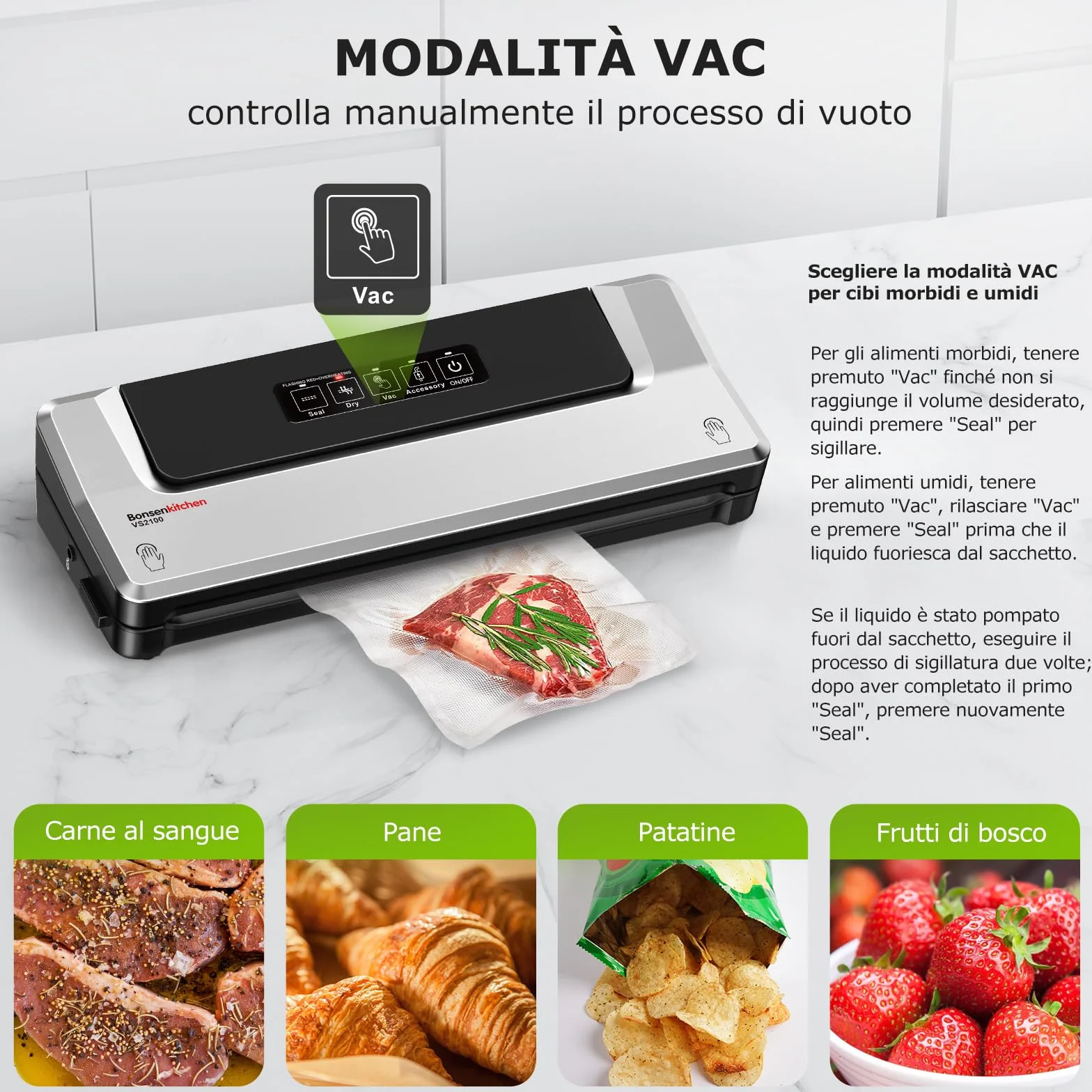Bonsenkitchen Macchina Sottovuoto per Alimenti 4 in 1, Cottura Sottovuoto e Conservazione, Modalità Vuoto Esterno, 5 Sacchetti