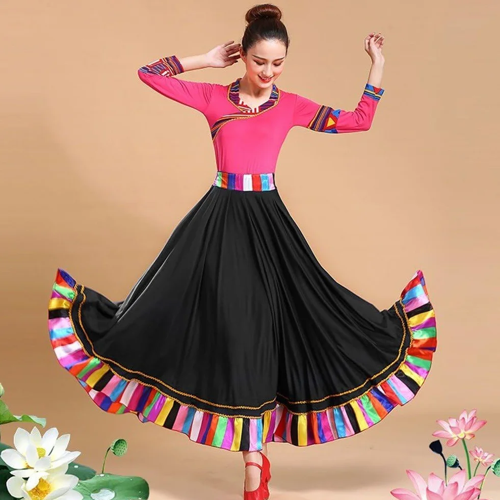 Gonna Ballo Folcloristica in Stile Etnico Tradizionale con Volant, Costume Ballo, Gonne Lunghe per Donne E Ragazze