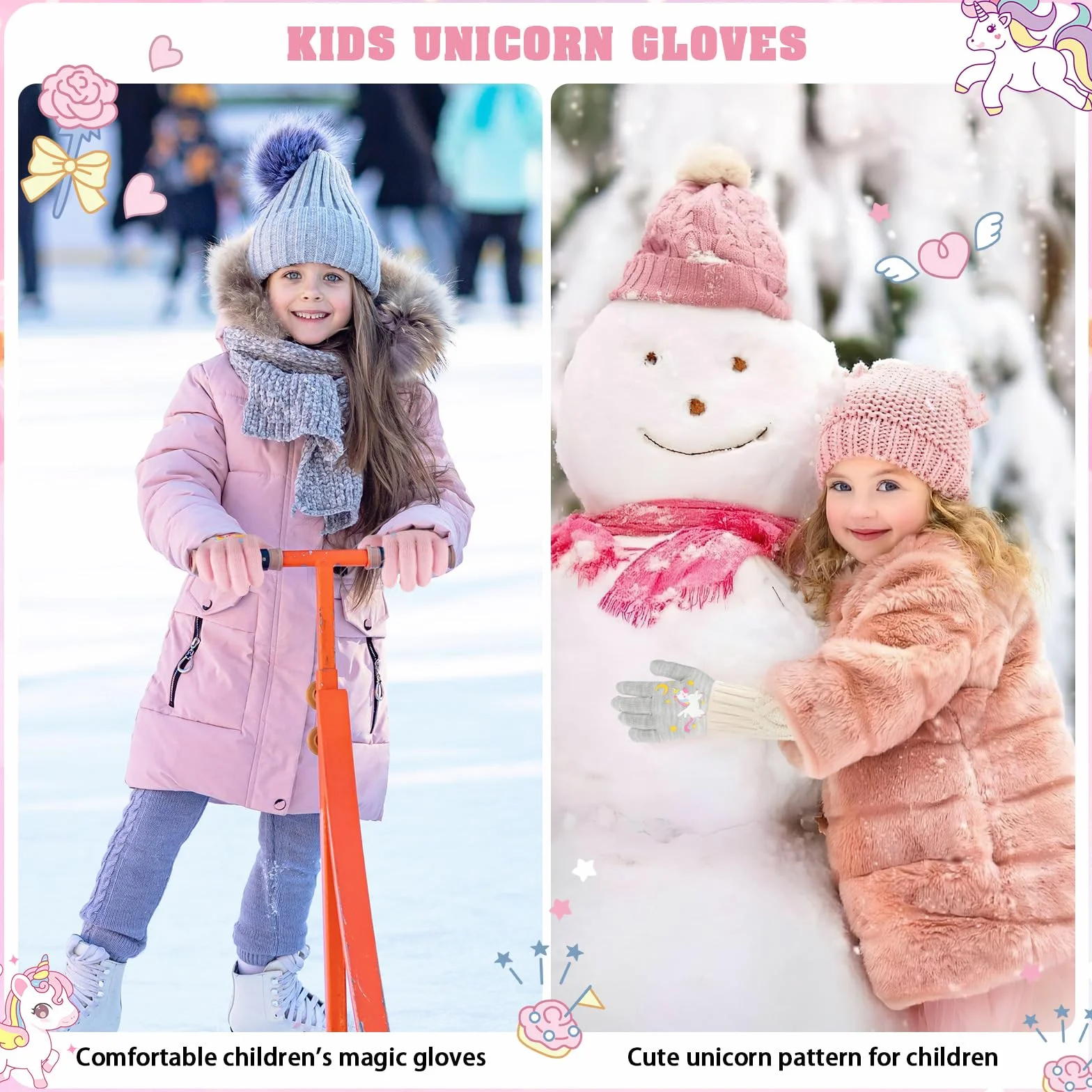 Guanti Invernali Termici Unicorno per Bambini Muffole Magiche a Dita Intere Elastici 4-12 Anni