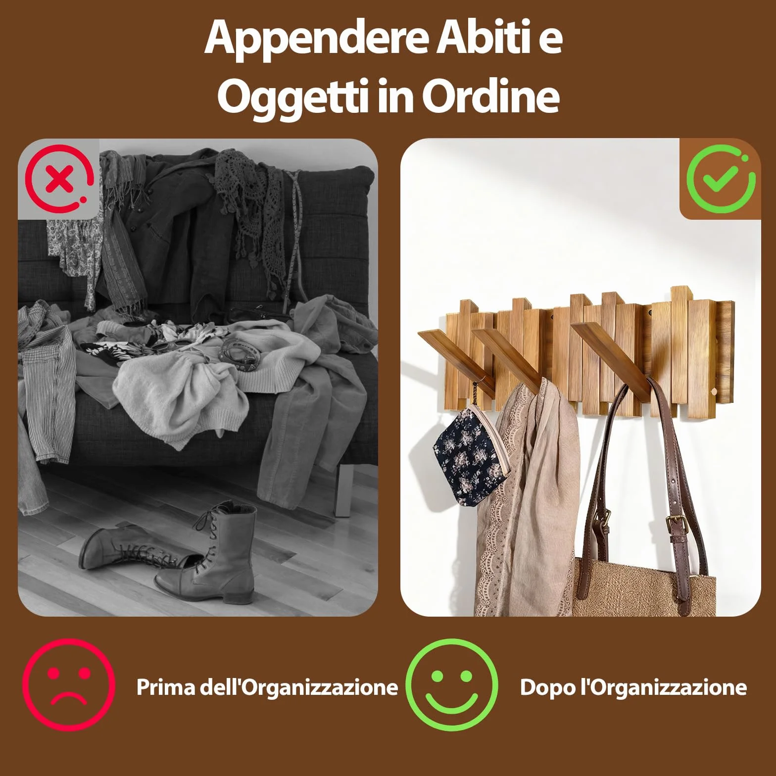Ganci Pieghevoli in Legno, Appendiabiti da Parete in Rovere 42,5 x 16 x 2,5 cm