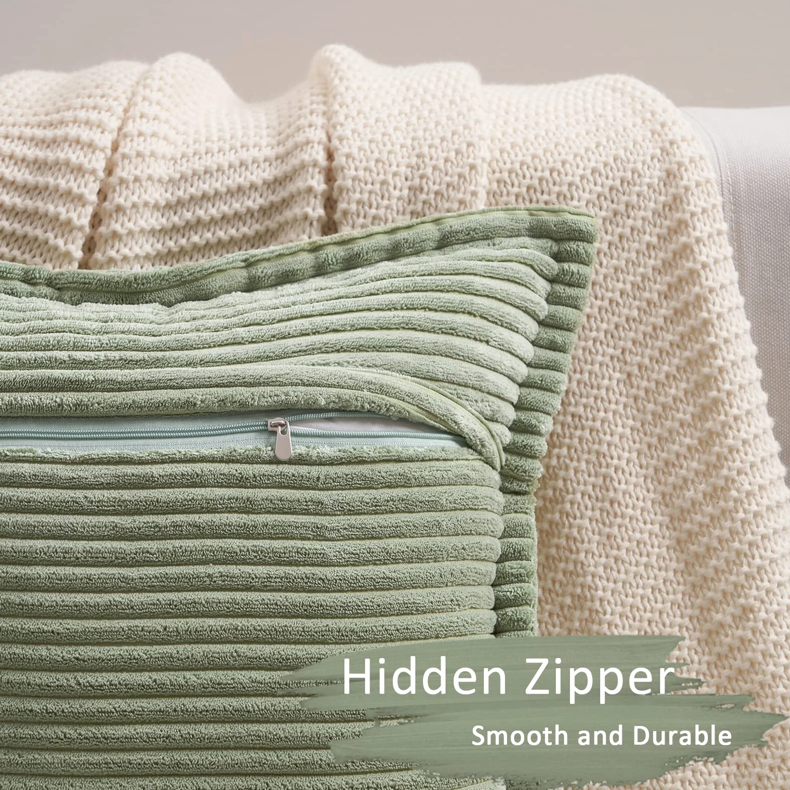 Topfinel Fodere Cuscini 50x50 Verde Salvia in Velluto a Coste, 2 Pezzi con Cerniera Invisibile