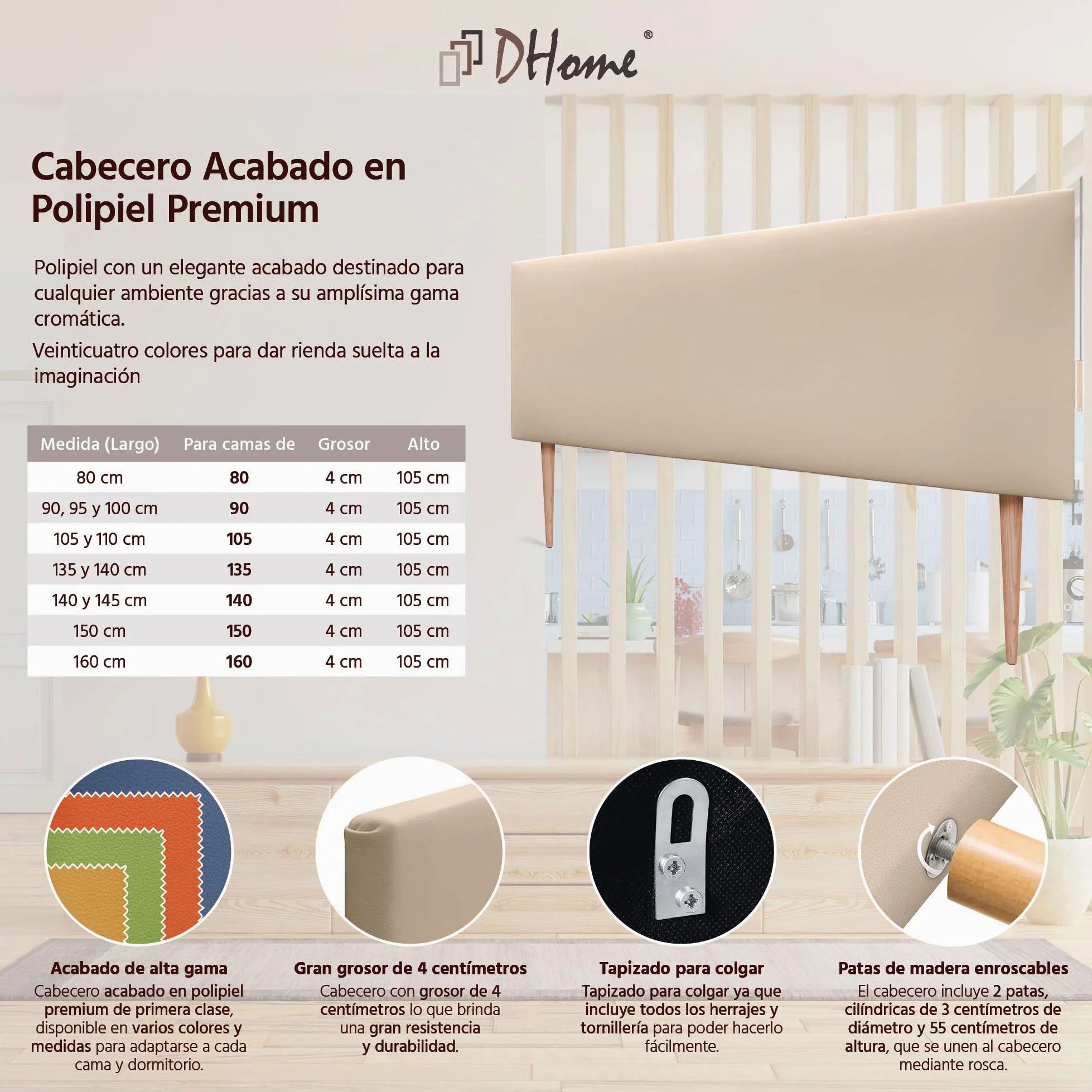 DHOME Testiera in similpelle o tessuto AQUALINE Liscia e con gambe Testiera per letto imbottita (160cm con Gambe (Lits 150/160), Similpelle Beige)