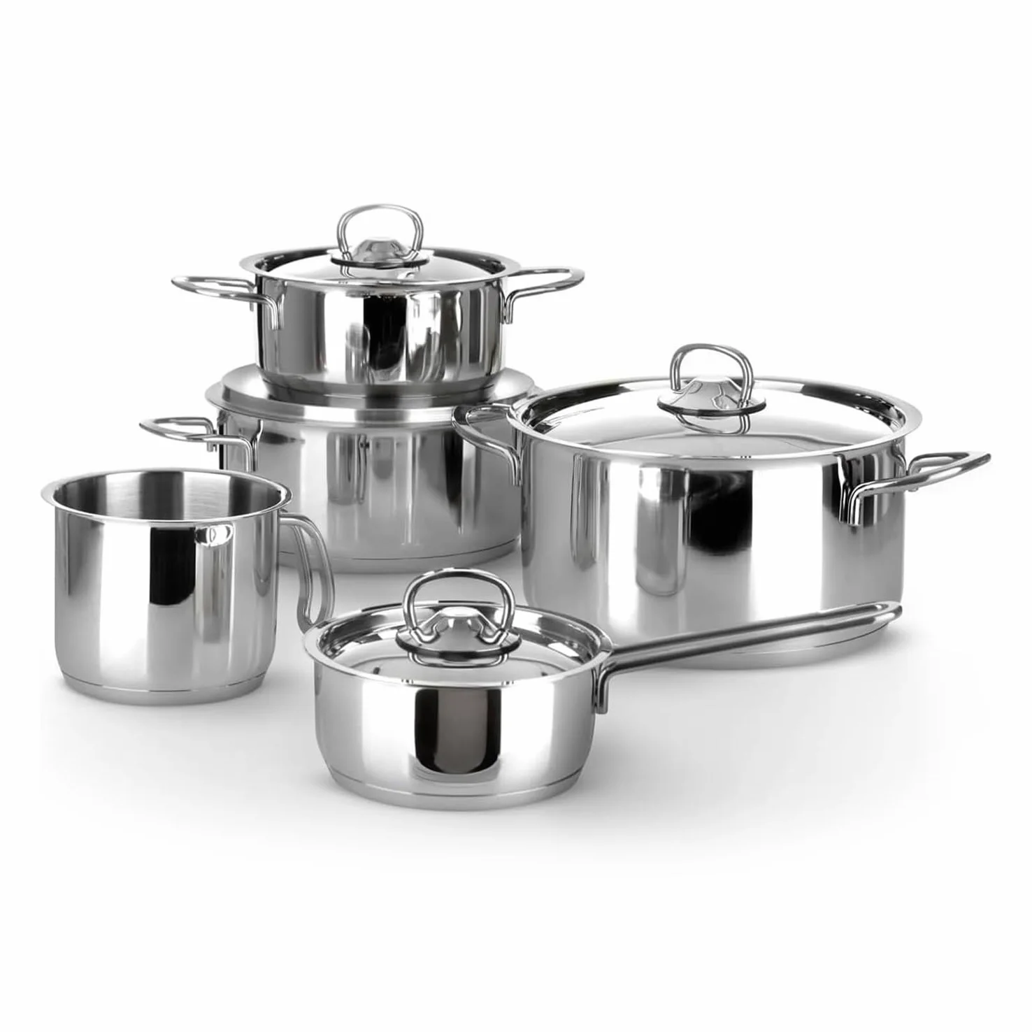 Avilia Batteria di 9 Pentole in Acciaio Inox - Set di Pentole con Casseruole e Coperchi in Vari Diametri, Adatti per Tutti i Piani Cottura