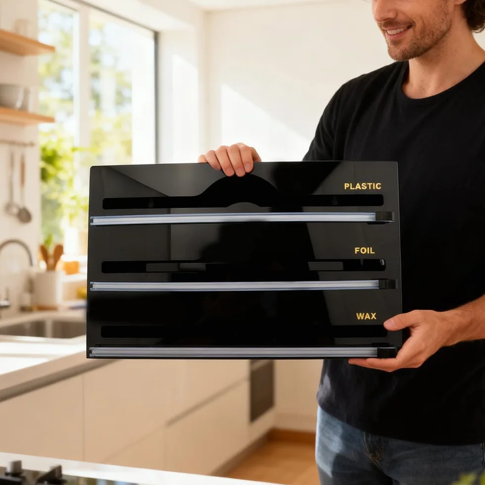 Dispenser di Pellicole in Acrilico Dispenser per Pellicola e Alluminio 34,5 x 21,6 x 7cm Dispenser Di Fogli Di Alluminio per Organizer da Cucina, Nero