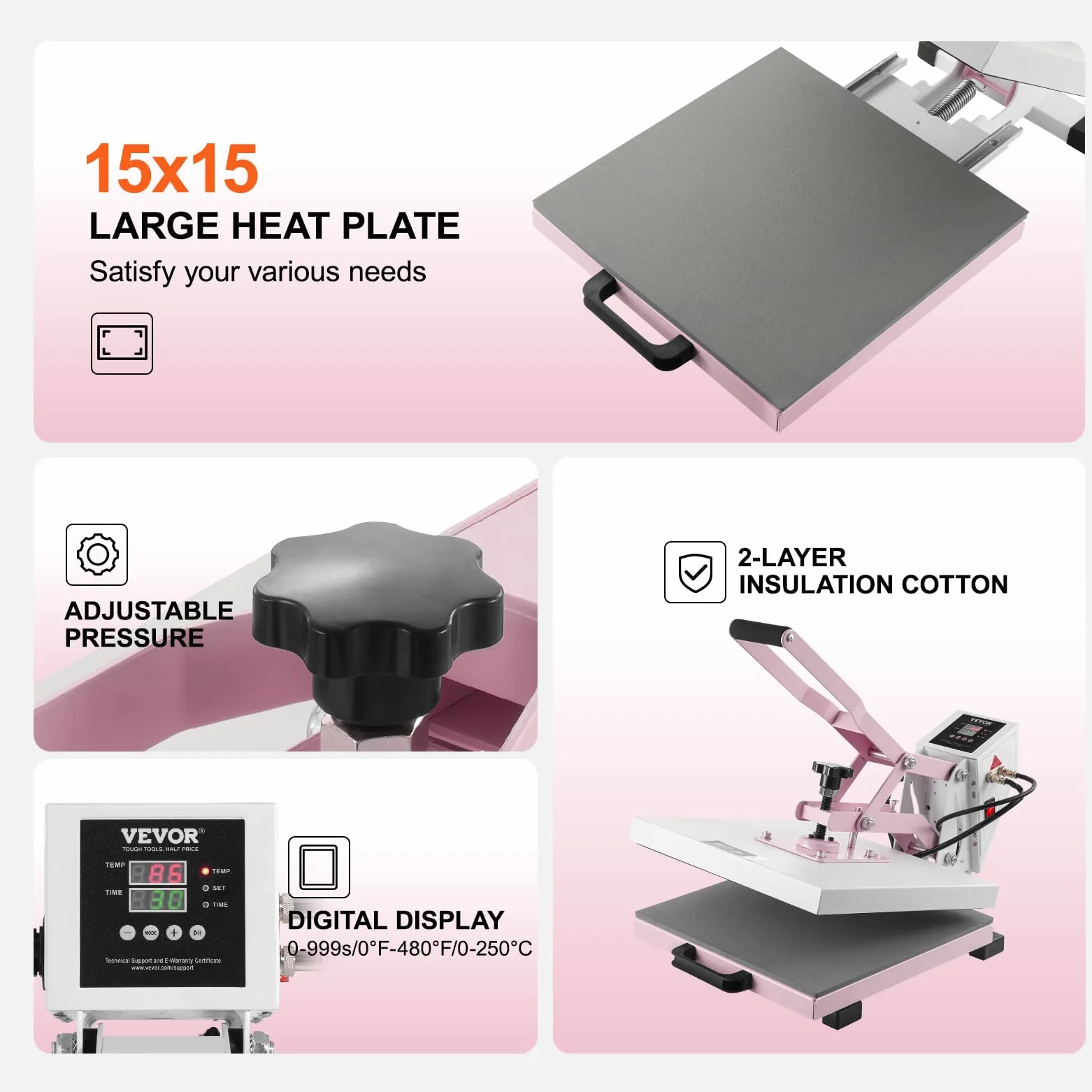 VEVOR Pressa a Caldo 380 x 380 mm Macchina per Pressatura a Caldo Digitale, Riscaldamento Rapido Uniforme, Cotone Isolante a 2 Strati, Macchina per Trasferimento Termico per Magliette/Cuscini, Rosa