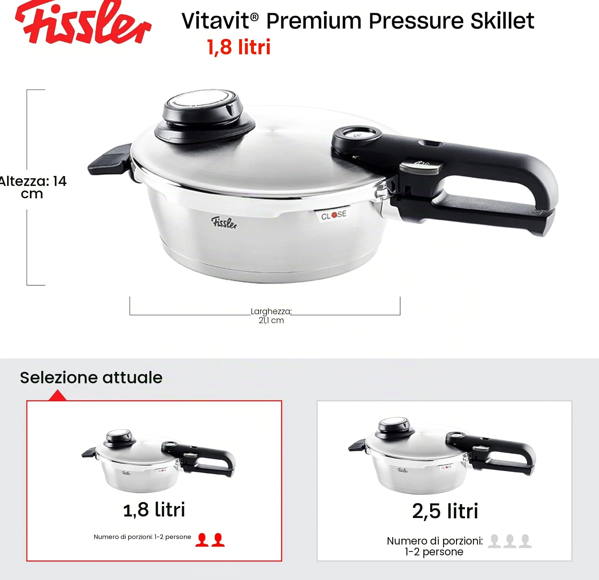 Fissler Vitavit Premium Pentola a pressione in acciaio inox 1.8 L, 18 cm, 4 livelli di cottura, incluso inserto, adatta a fornelli a induzione