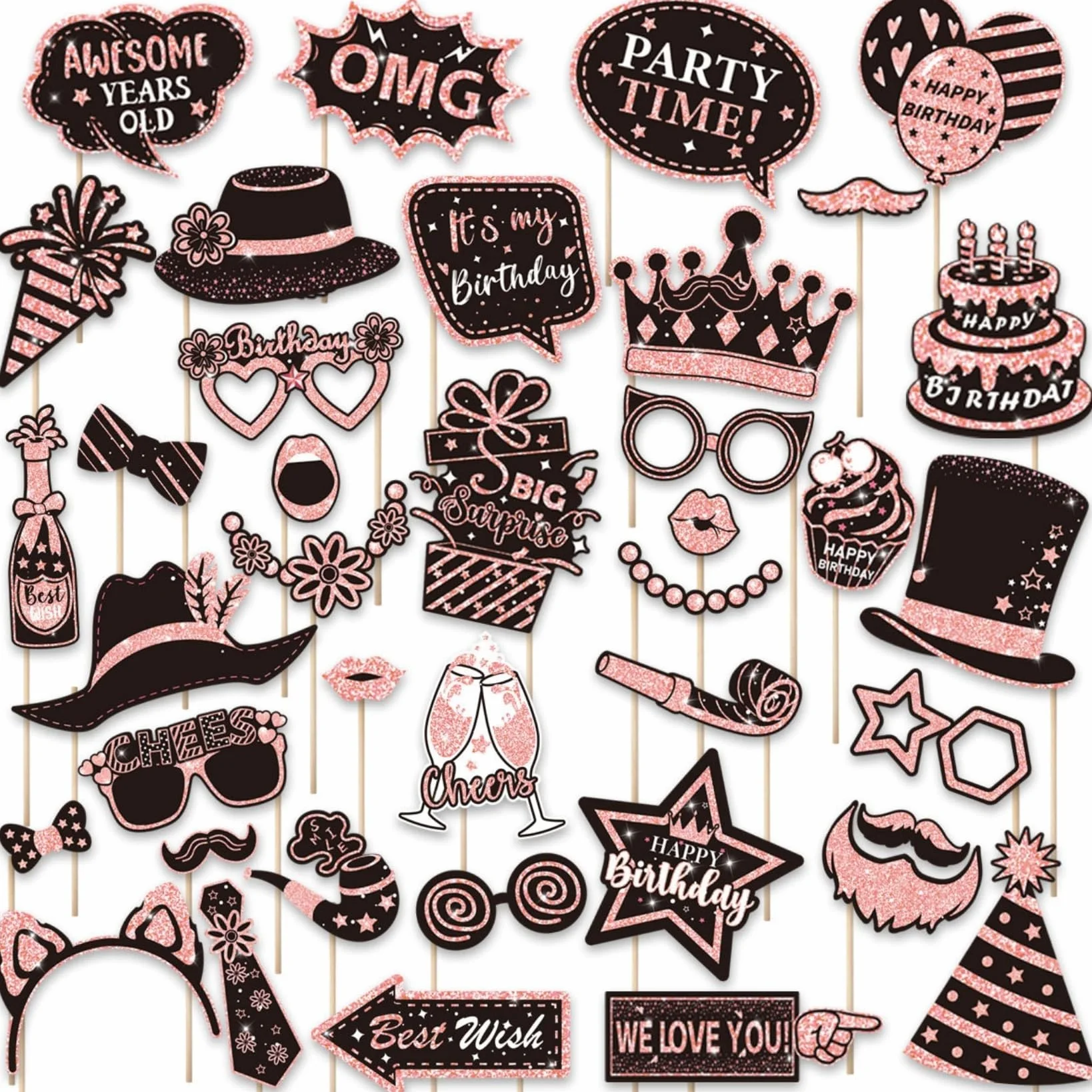 38 Pezzi Oggetti Scena per Cabine Fotografiche di Compleanno, Happy Birthday Party Favors Supplies Bday Party Decor, Photo Booth Funny Cute Selfie (Rosa)