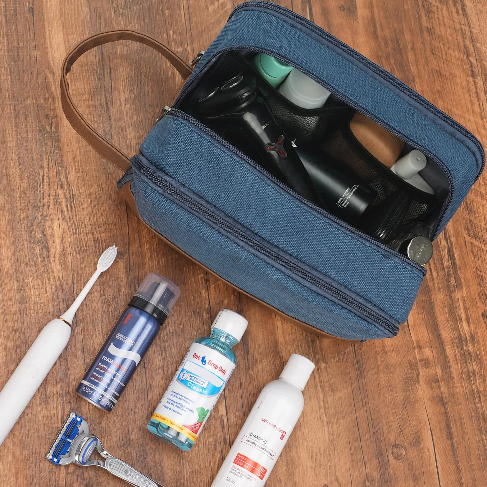 WANDF Beauty Case Uomo da Viaggio – Borsa da Toilette Impermeabile Organizer Capiente per Accessori da Barba e Igiene, con Manico Laterale (Blu)