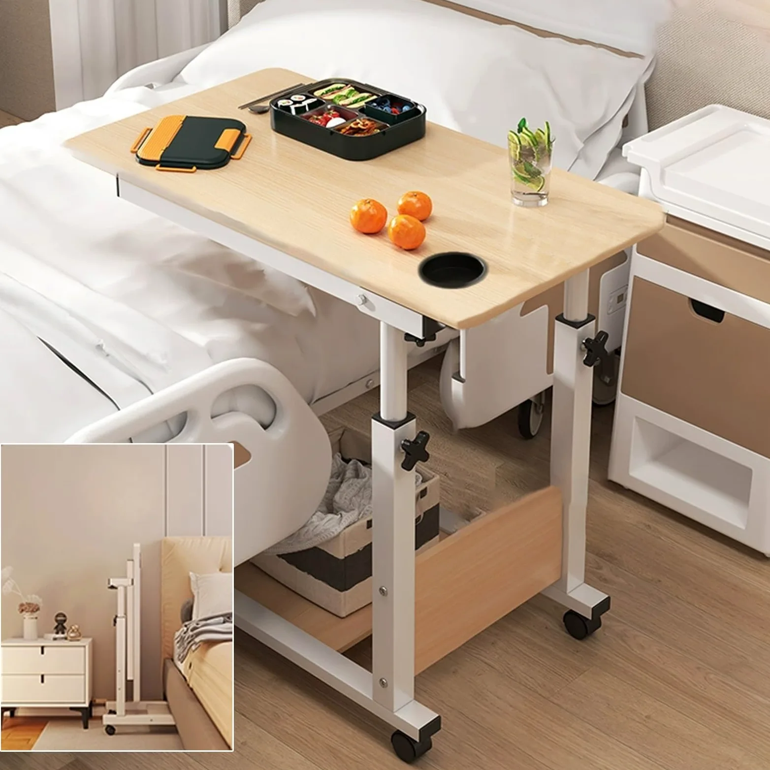 Tavolino da letto regolabile in altezza per laptop, tavolino con ruote, scrivania per casa, ospedale e divano