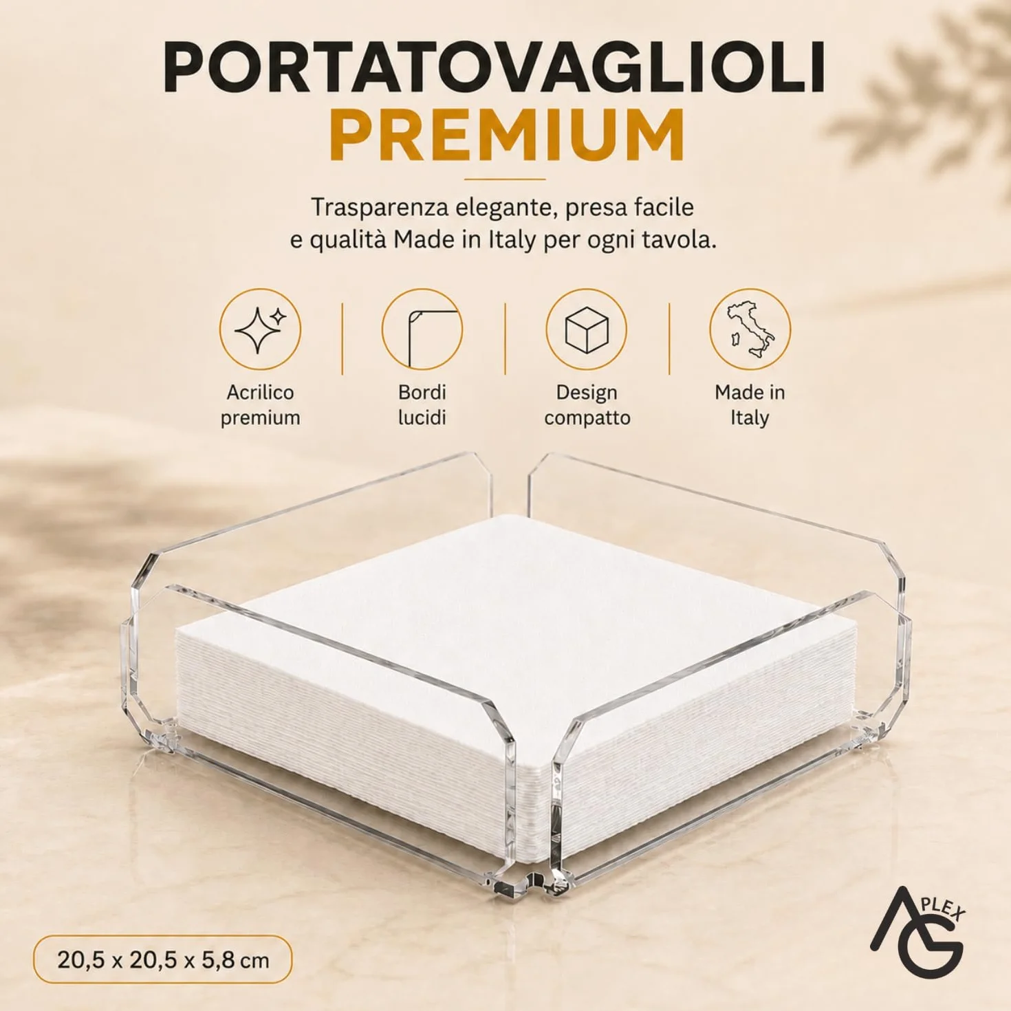 Agplex Portatovaglioli in vetro acrilico trasparente 20,5x 20,5 x5,8 cm, Porta tovaglioli da tavola design moderno - Made in Italy