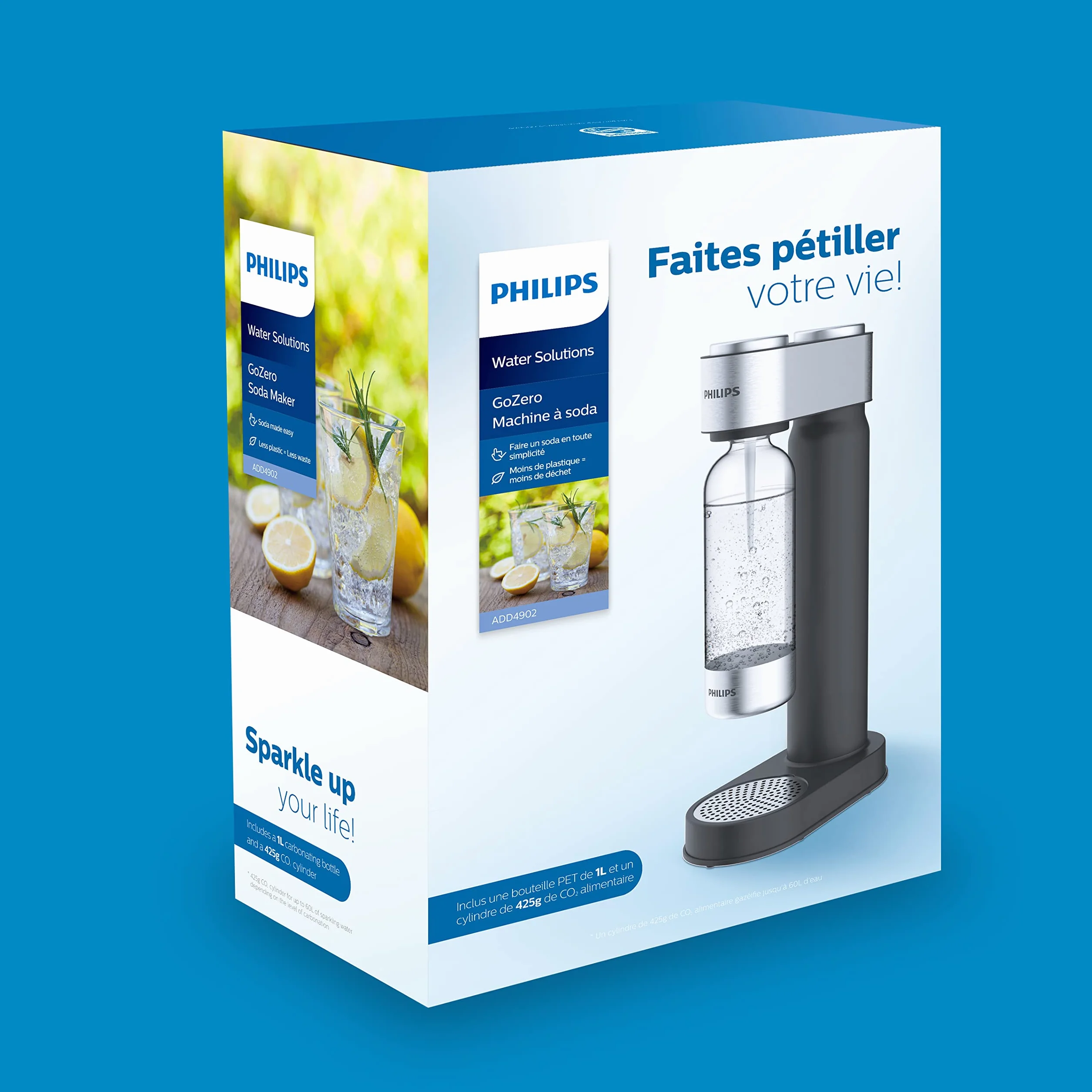 Philips ADD4902BKA/10 GoZero, 3 bottiglie d'acqua senza BPA, in plastica, 1 cilindro CO2 per fino a 60 l di acqua gassata, colore: nero