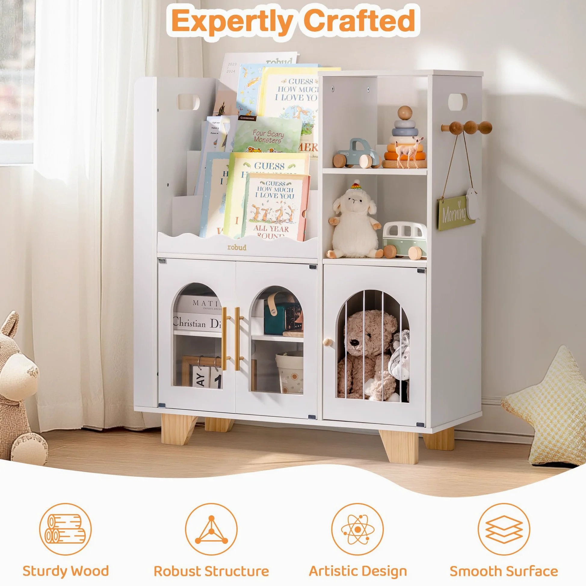 ROBUD Libreria per bambini, in legno, a più livelli, con zona di conservazione dei giocattoli, armadietto per grandi libri fotografici, mobili per bambini