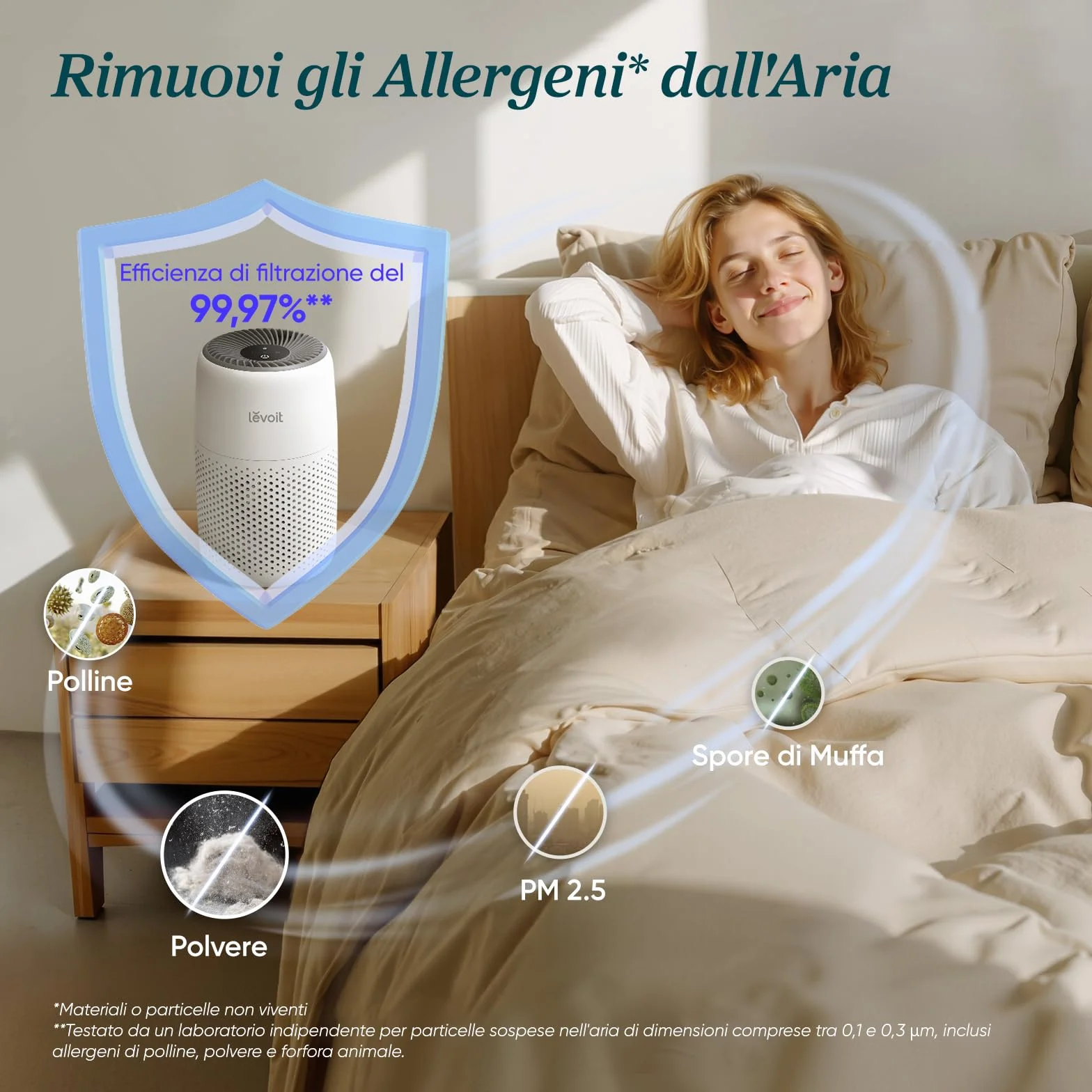 LEVOIT Purificatore d'Aria con Filtro HEPA, 7 Watt, Risparmio Energetico, 3 Velocità Contro Muffe, Polvere, Peli di Animali Fino a 0,3 μm Allergie, in Camera da Letto, 25 dB, Bianco