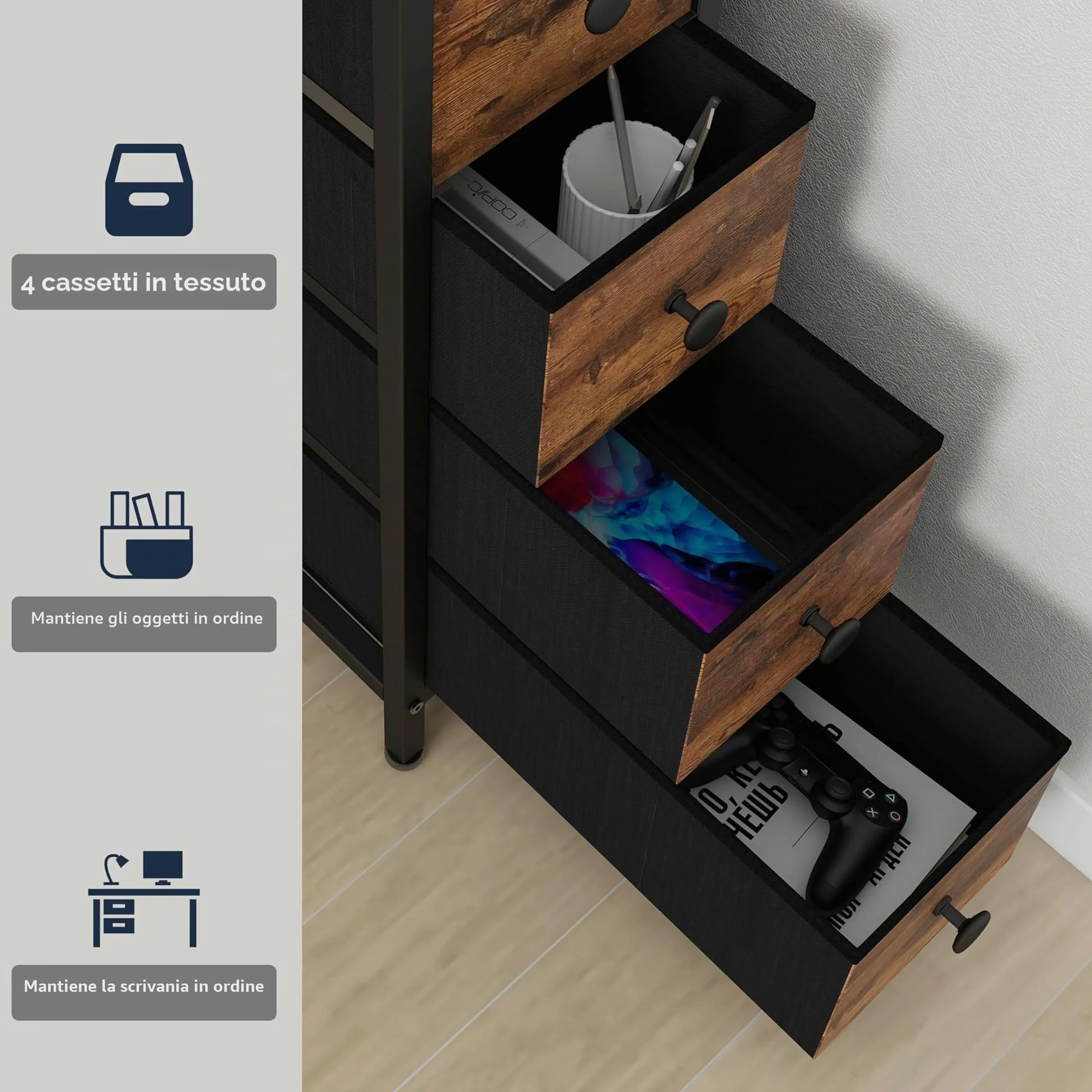 Tohomeor Scrivania angolare con 4 cassetti in tessuto, scrivania con cassetti, tavolo da gioco, scrivania per computer, ufficio, studio, camera da letto (marrone)