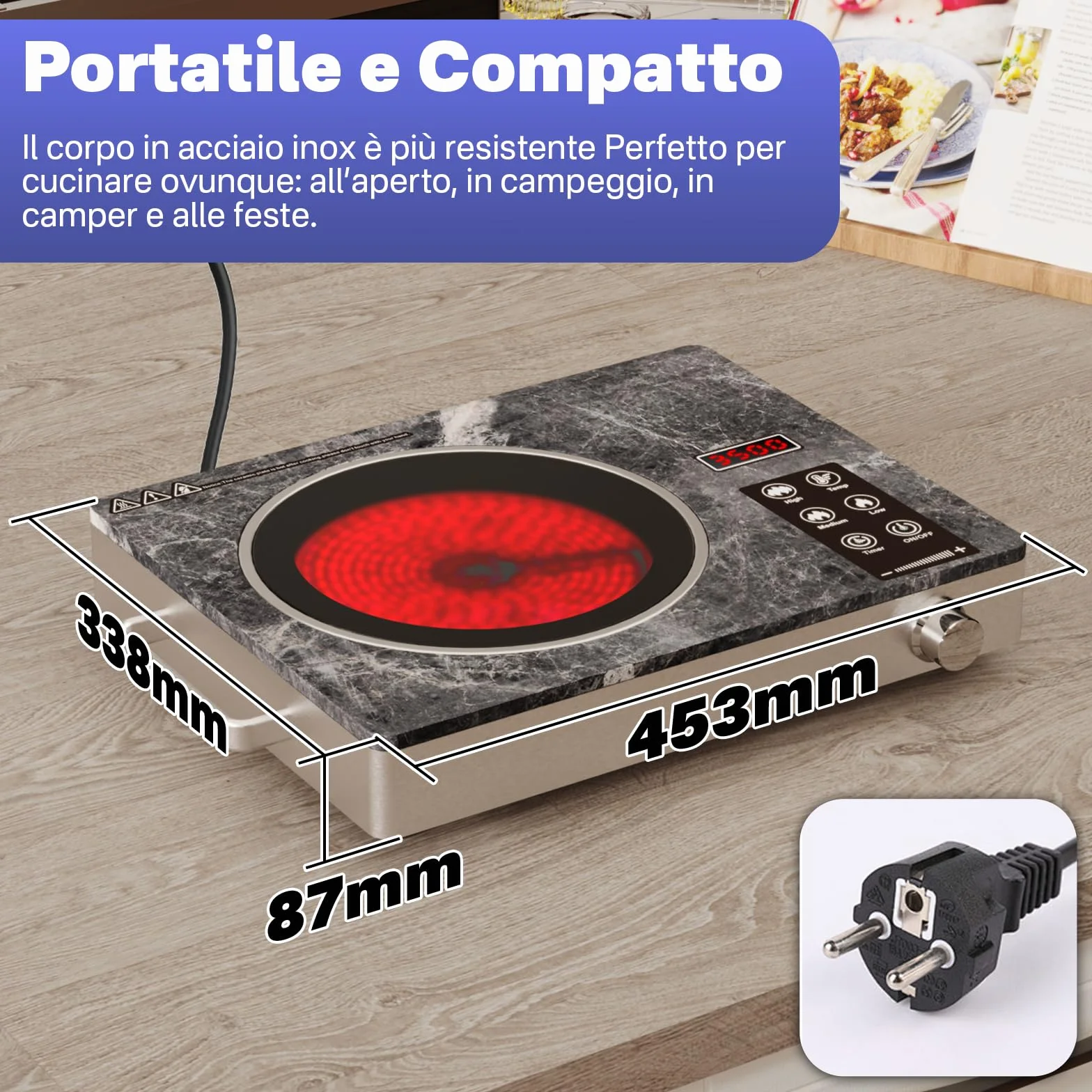 Fornello Elettrico 1 Piastra 2000W Portatile – Piano Cottura Elettrico Vitroceramica 1 Fuoco, Fornello da Campeggio, Vetroceramica per Esterno, Controllo Tattile, Plaque Vitrocéramique 1 Feu