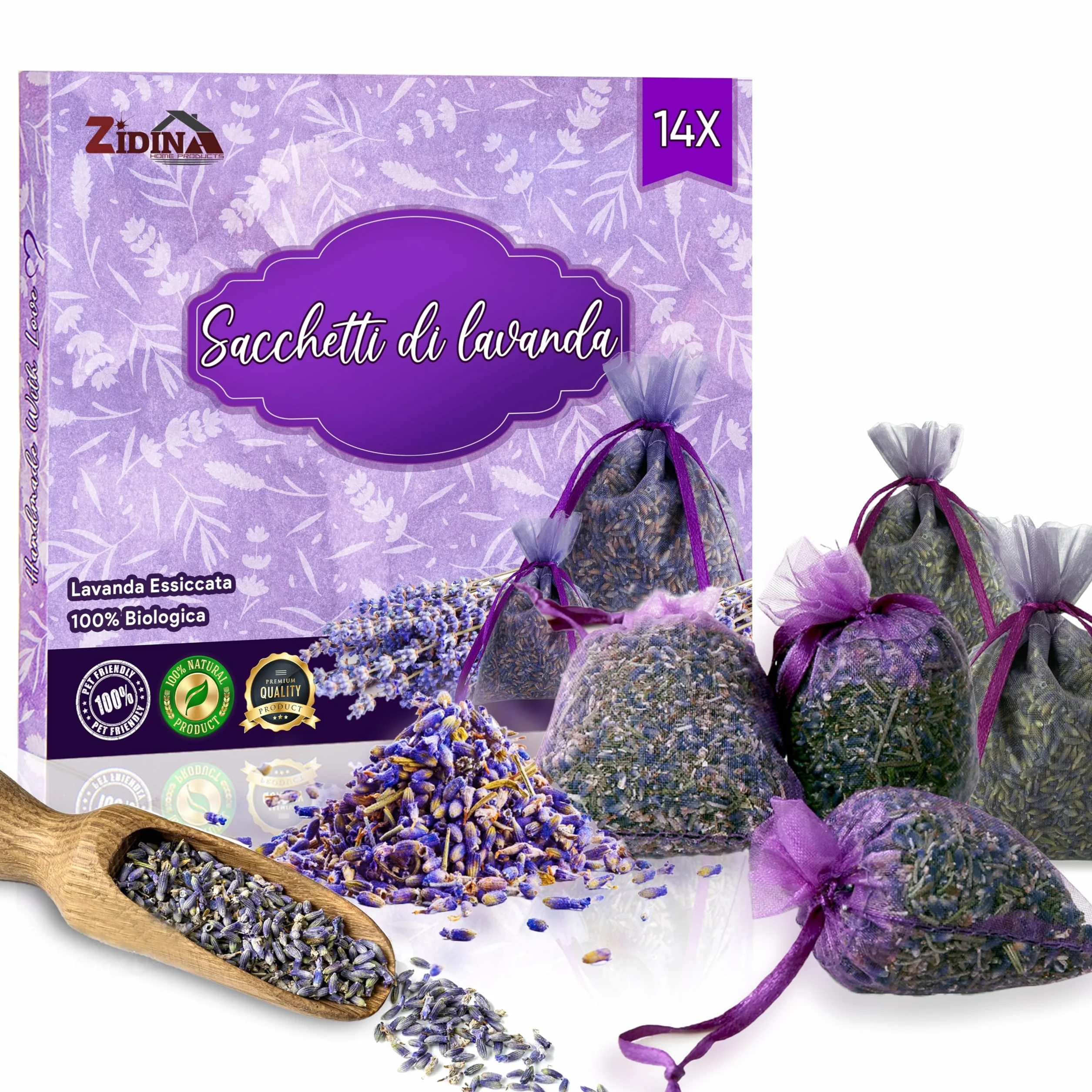 Sacchetti di Lavanda - Set di 14 Lavanda Sacchetti Profumatori Armadio e Cassetti – Profumatore Naturale Casa e Auto, Antitarme per Armadi Vestiti – Sacchetti Profumati per Armadio