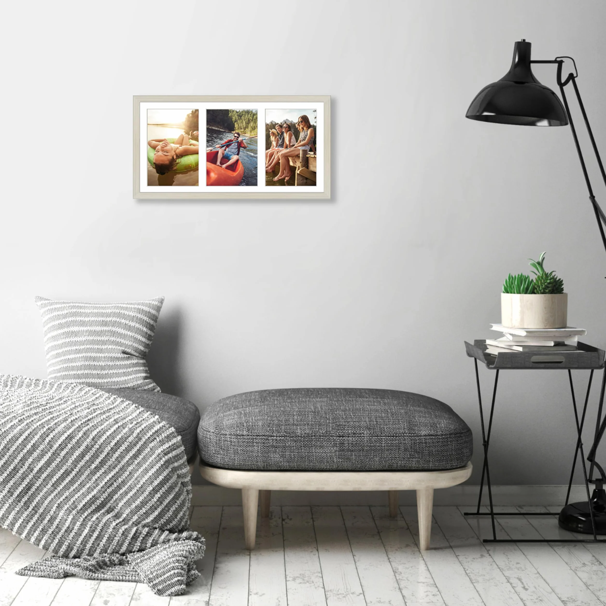 Americanflat Cornice 13x18 cm Effetto Legno Chiaro - Portafoto da Parete Multiplo da 20x41 cm con Passepartout per 3 Foto 13x18 cm - Cornice Foto Multiple con Vetro Infrangibile