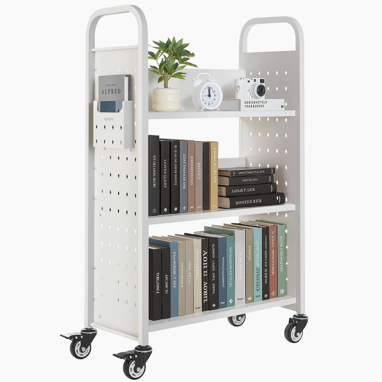 VEVOR Carrello Portalibri con Ruote 770 x 380 x 1220 mm Carrello Rotante Porta Libri, Carico 150 kg Ripiani a L Monofacciali con Ruote Bloccabili 7,6 cm per Scaffali di Casa, Ufficio e Scuola, Bianco