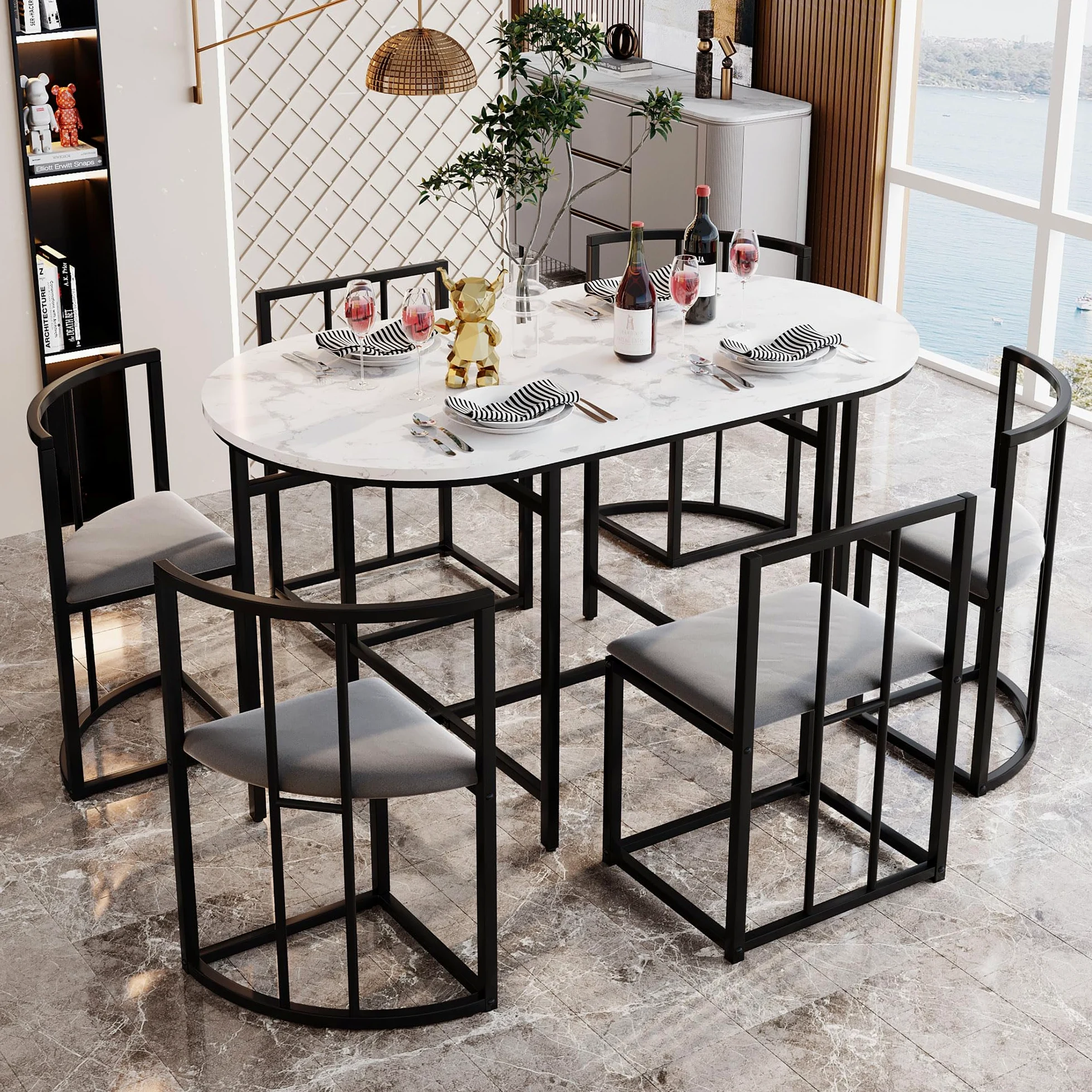 Set da pranzo, tavolo bianco, sedie con 6 schienali e imbottiture grigie, struttura in ferro, tavolo da pranzo e sedia, moderna combinazione di tavolo da pranzo (nero)