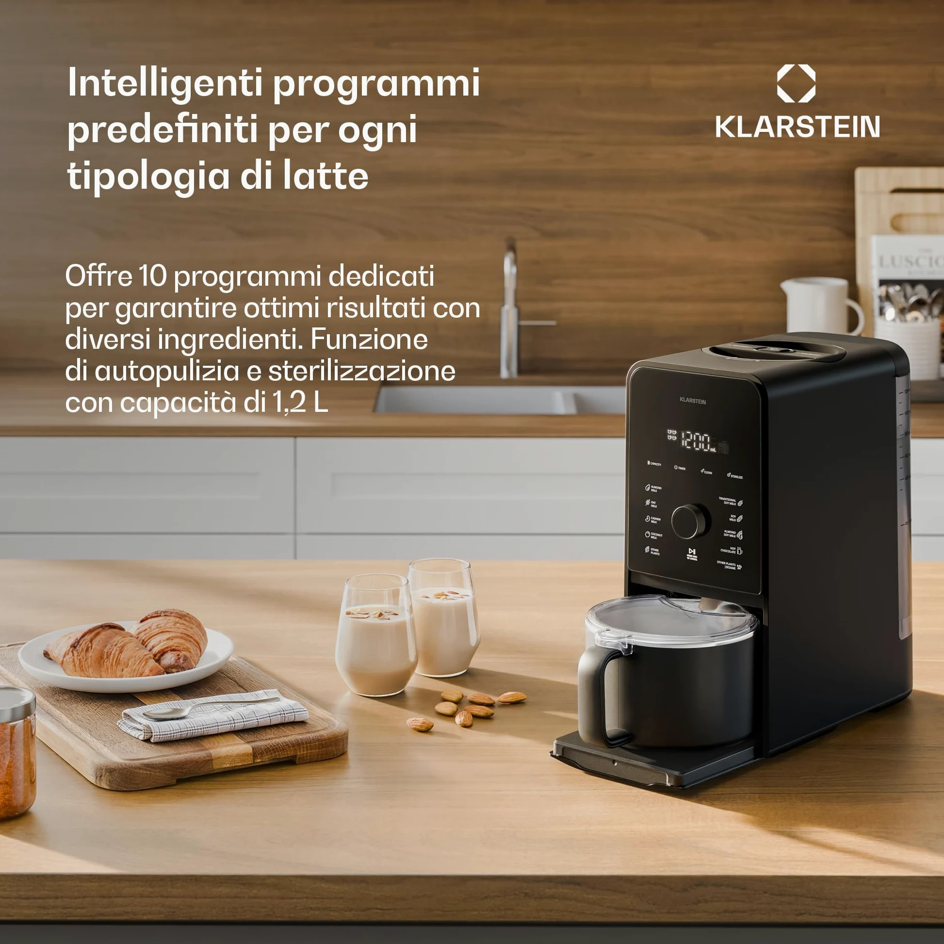 Klarstein Marcia Touch Macchina per il Latte Vegetale, 1200W, 12 Programmi, Autopulente, Display LCD, Brocca 1.2L Acciaio, per Latte di Mandorle, Avena & Noci