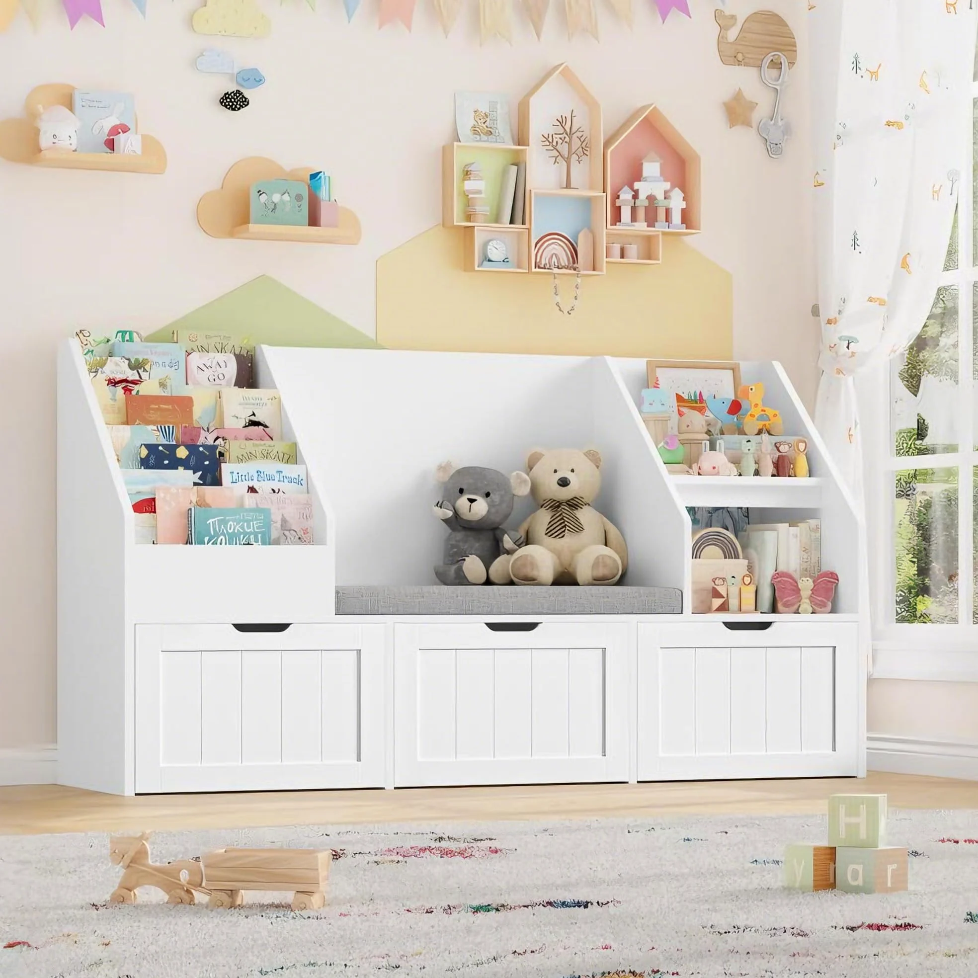 FOREHILL Libreria Montessoriana per Bambini, Porta Giochi Bambini con Cuscini, Libreria Panca a 4 Ripiani, Mobile Porta Giochi a 3 Cassetti con Ruote, per Cameretta, Studio, 140x39.5x80 cm (Bianco)