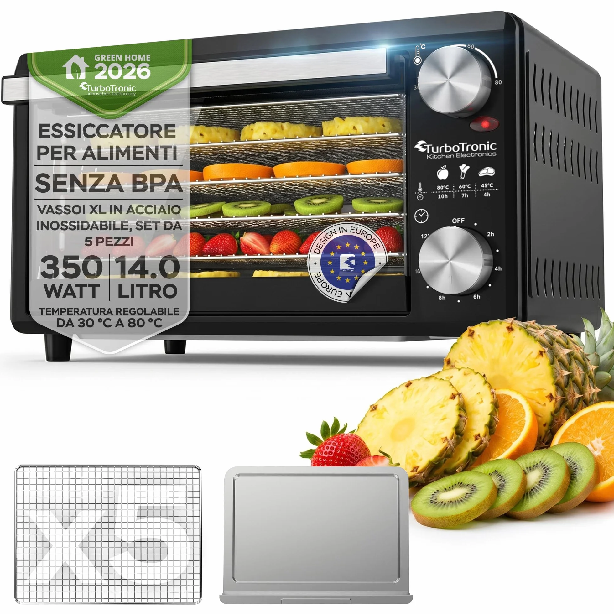TurboTronic FD14 - Disidratatore Alimentare 14 L con 5 Vassoi - Essiccatore Alimentare a 5 Ripiani per Frutta, Verdura, Funghi, Carne, Pesce ed Erbe - Temperatura e Timer Regolabili (Black)