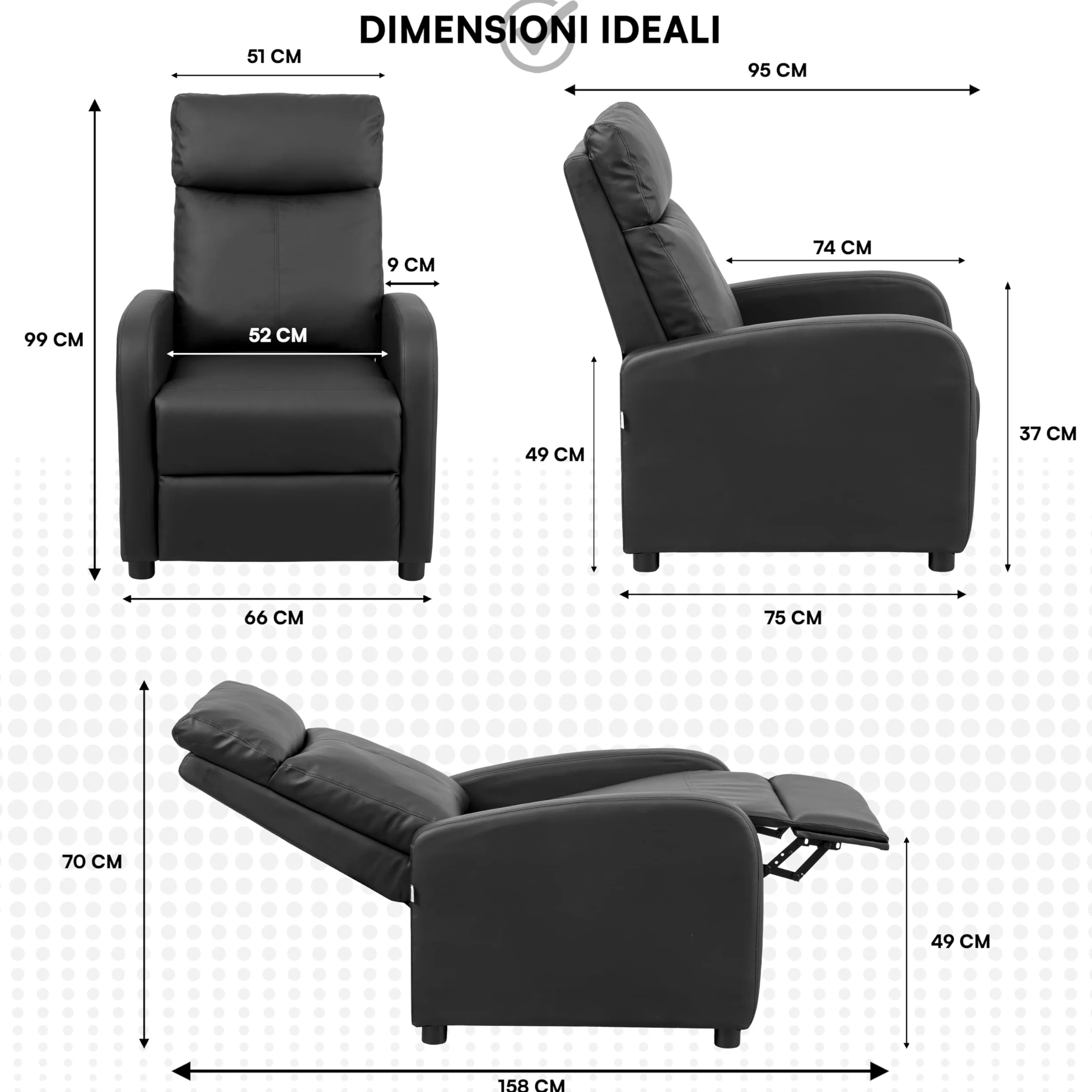 Baroni Home Poltrona Reclinabile in Soft Foam, con Recliner a Spinta, Poggiapiedi, Piedini Antiscivolo, Poltrona Relax Push-Back, Facile da Montare, Comoda, Nero, 66x75x99 cm