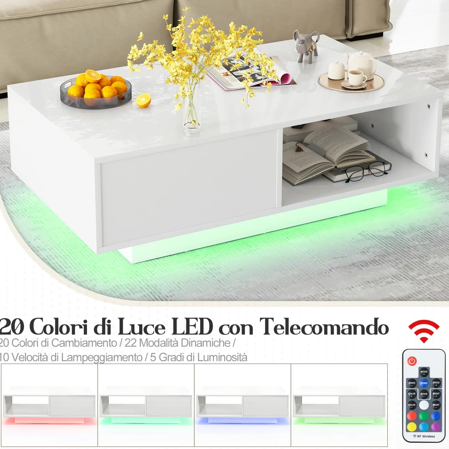 RELAX4LIFE Tavolino da Caffè Moderno 95x55x31cm, con 20 Luci LED Regolabili e Telecomando, in Legno con Finitura Lucida, Cassetto a Pressione e Ripiano Aperto, per Soggiorno, Max 65kg (Bianco)