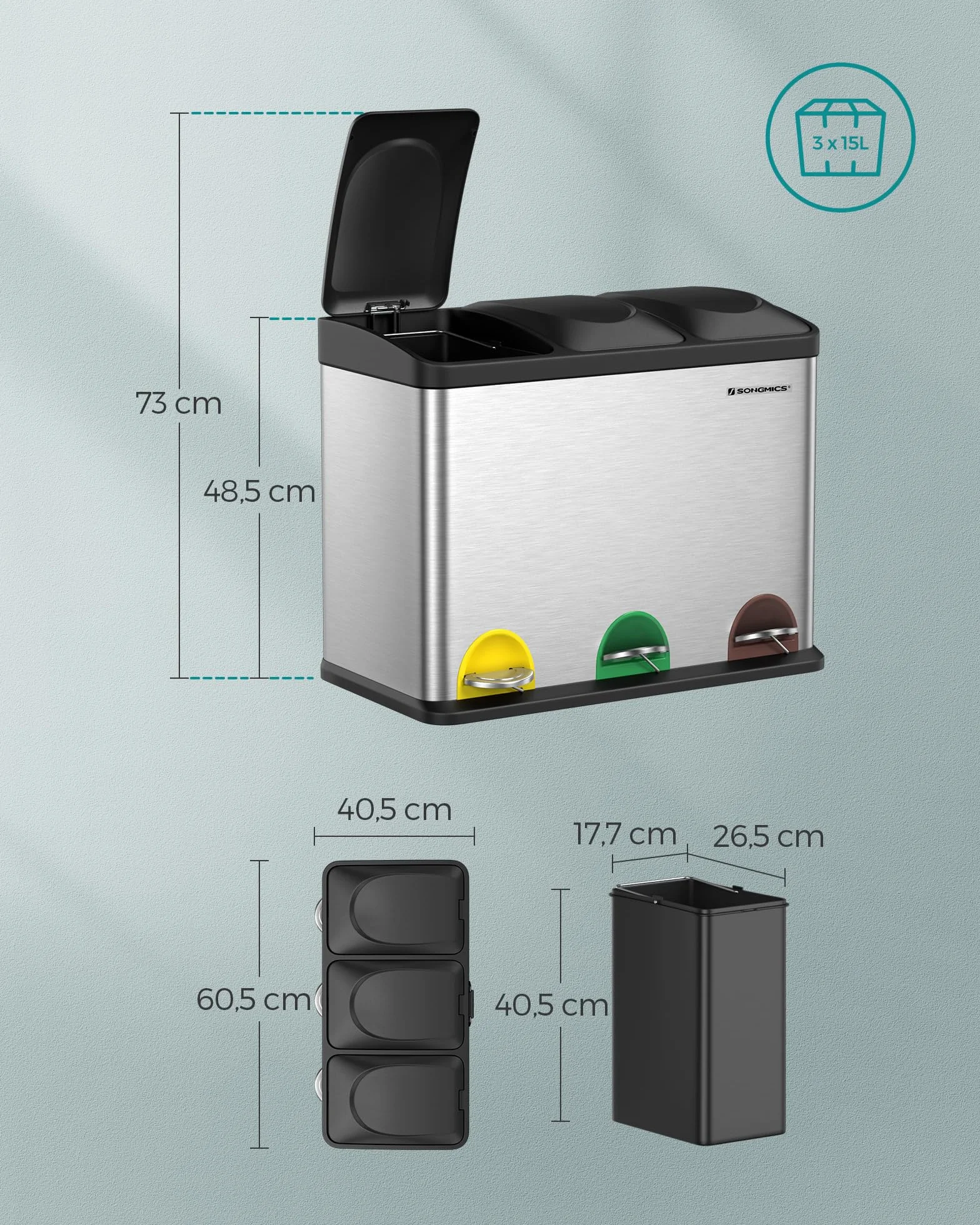 SONGMICS Cestino da Cucina, Pattumiera Tripla per Riciclaggio a Pedale, Metallico da 45 Litri, Raccolta Differenziata, 3 x 15L, con Coperchio, Acciaio, Argento Metallico e Nero Inchiostro LTB45L