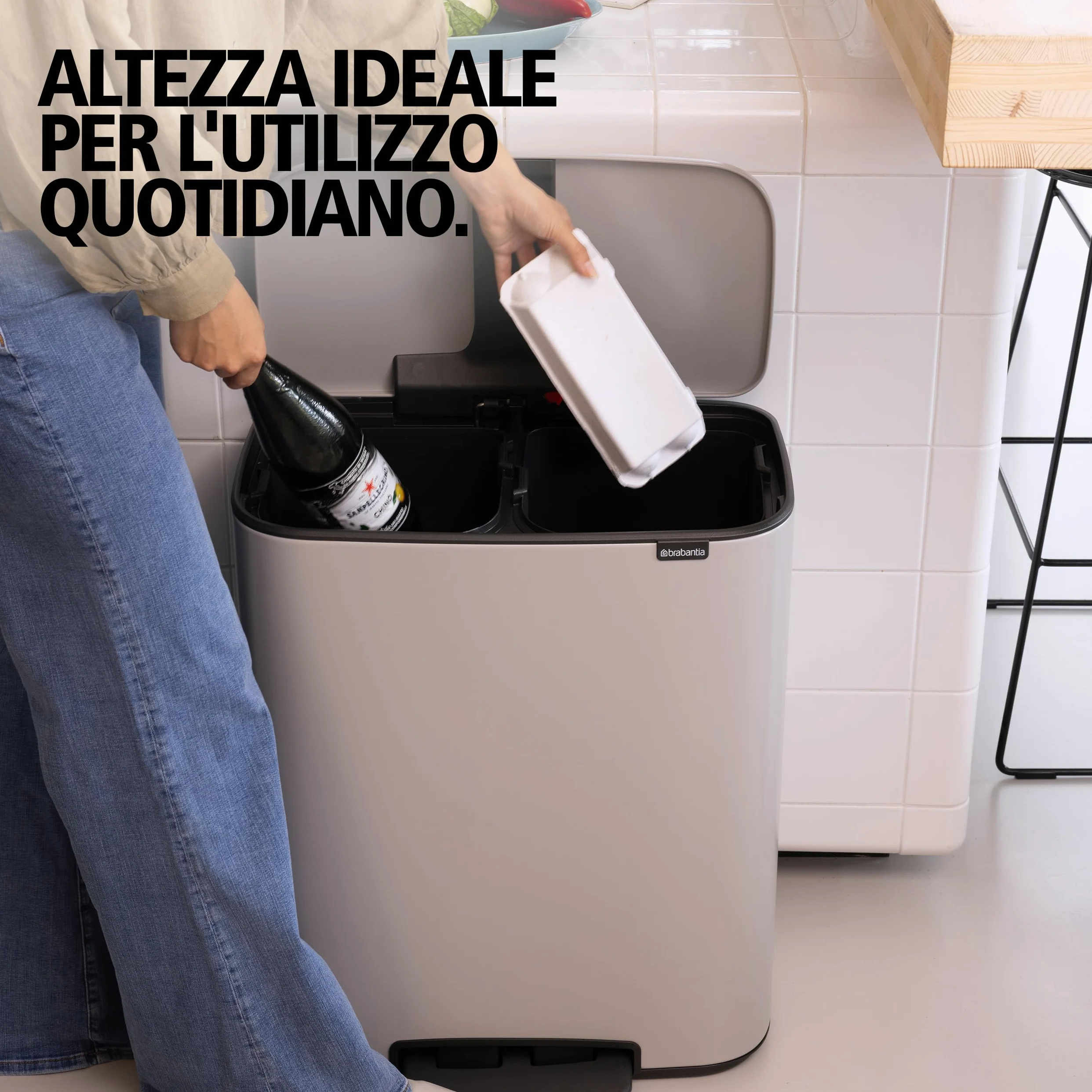Brabantia Pattumiera Bo a Pedale 2x30 L – Cestino con due secchi spazzatura interni da 30L (Soft Grey) Secchio spazzatura grande da cucina – Coperchio Soft Closing