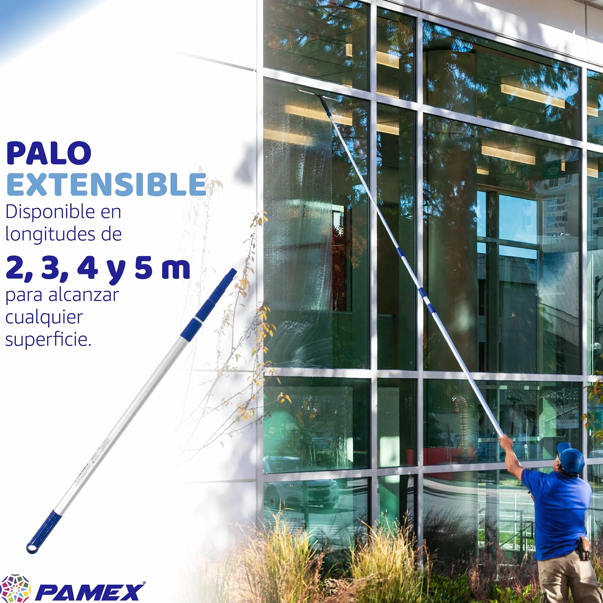 PAMEX Bastone estensibile 5 metri. Bastone con manico telescopico professionale in alluminio. Prolunga estensibile con filettatura. Resistente alla corrosione e all'usura