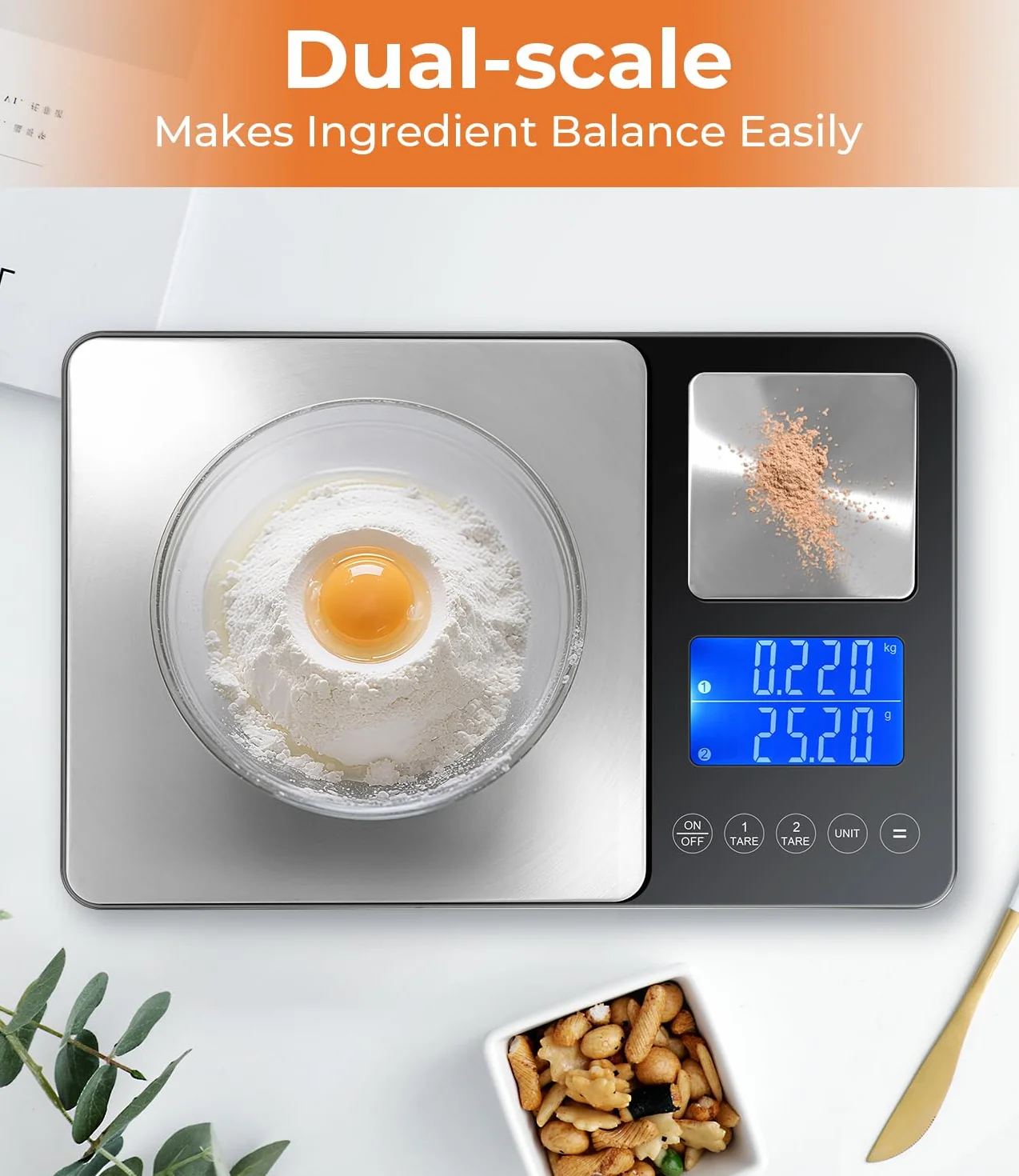 Bilancia da Cucina Digitale con Doppia Piattaforma (10kg/1g & 500g/0.01g), USB Ricaricabile & a Batterie, Acciaio Inox, Display LCD, 7 Unità, ideale per Cucina & Pasticceria