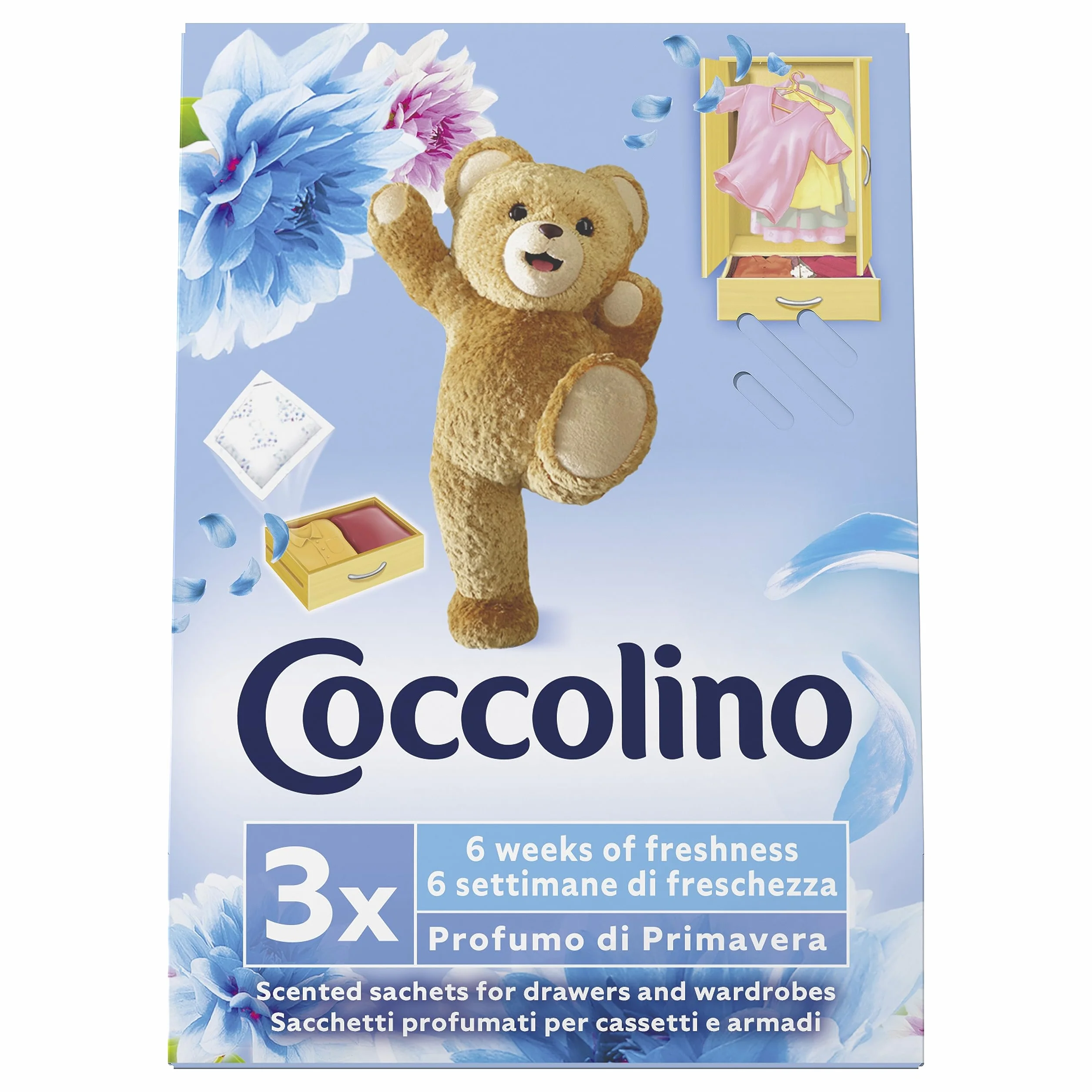 Coccolino Profuma Biancheria, 3 Sacchetti per Ogni Confezione di Fragranze Assortite, Profumo Primavera, Fiori di Tiarè & Frutti Rossi, Ylang Ylang, Confezione da 12 per un Totale di 36 Sacchettini