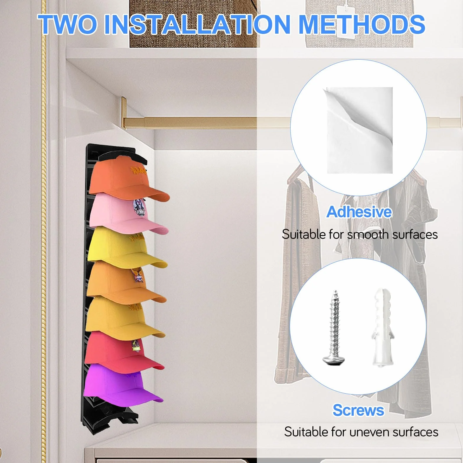 2 Pezzi Porta Cappelli da Parete, con Adesivo Forte/Trapano a Muro, Due Metodi di Fissaggio, Materiale Plastico, Possono Sostenere 20 Cappellini (Nero)