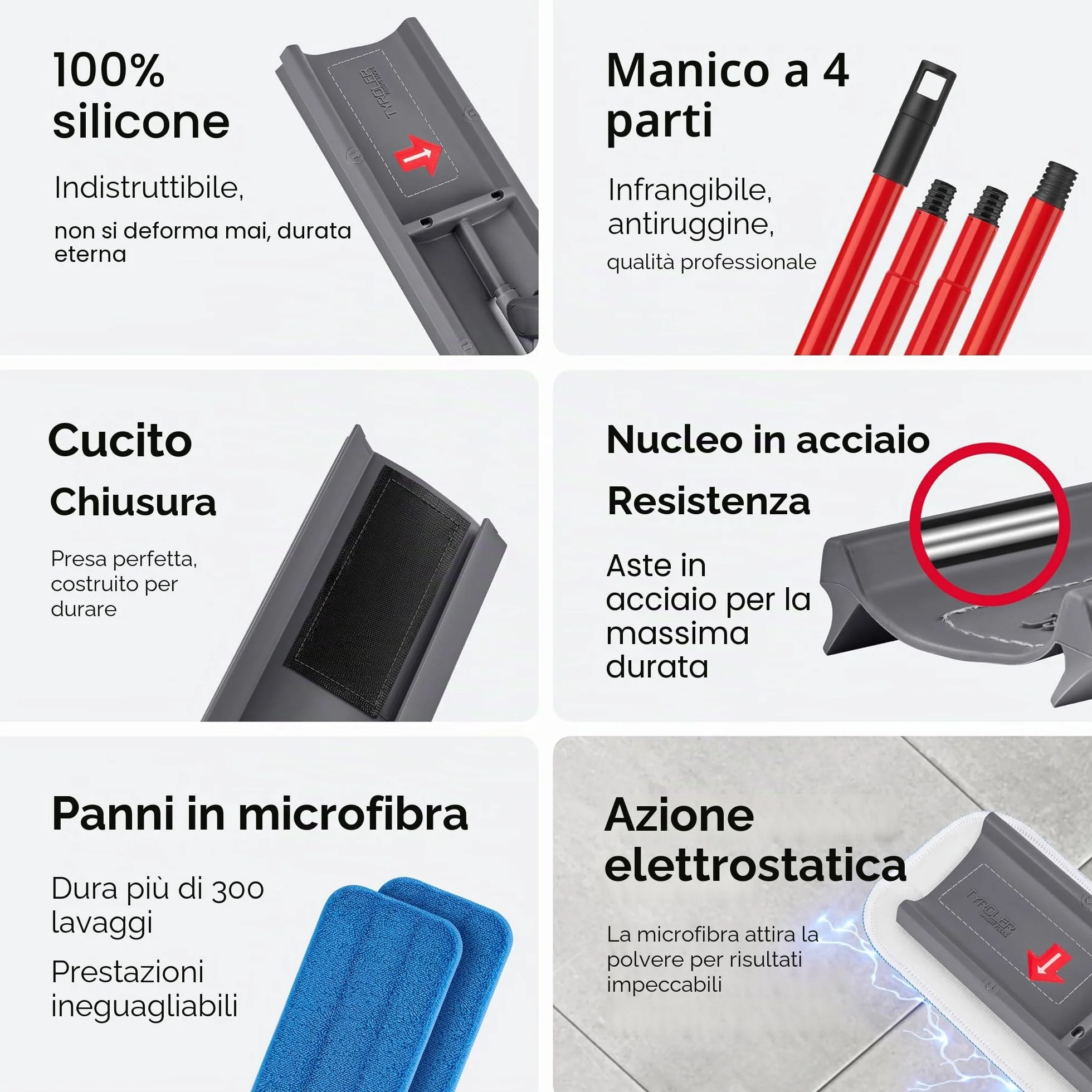 Tyroler Mocio Lavapavimenti Tira Acqua 2-w-1 140cm 42cm Silicone