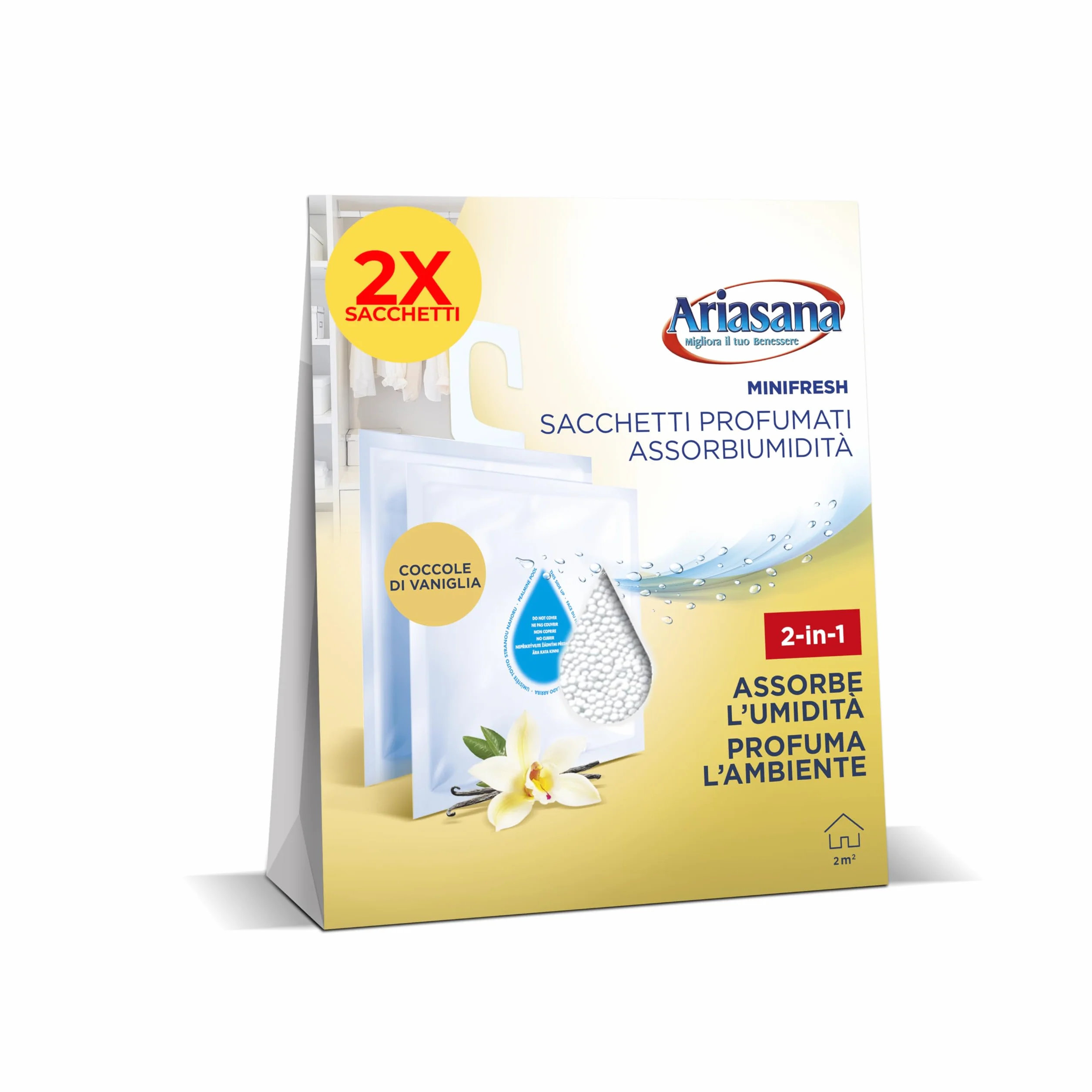 Ariasana Minifresh Coccole di Vaniglia Sacchetti profumati, Sacchetti assorbi umidità armadio e deodoranti 2 in 1, Profumatore armadio, cassetti e piccoli ambienti, sacchetti 2x50g